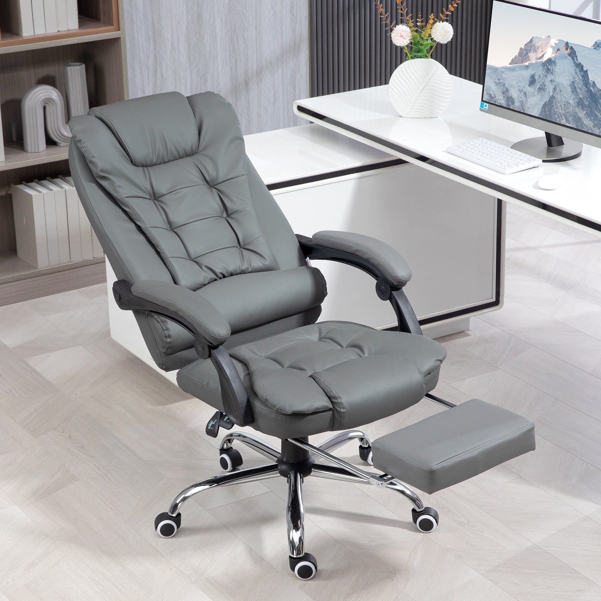 HOMCOM Executive Office Chair, PU Leather Home Office Chair with Swivel Wheels, Reclining Backrest, Retractable Footrest, Grey