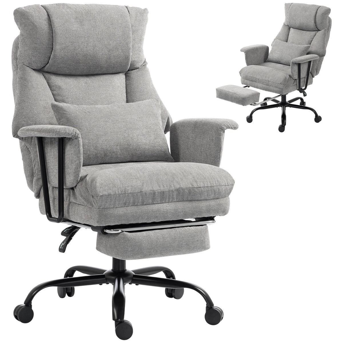 Office Chair, 180kg Heavy Duty Linen Computer Desk Chair with Lumbar Support, Wide Seat, Spring Cushion, Reclining Backrest, Footrest, Swivel Wheels, Grey