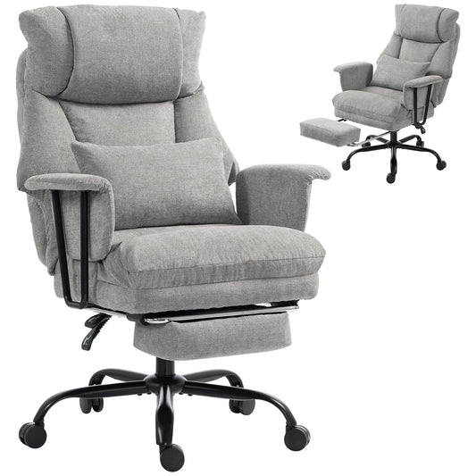 Office Chair, 180kg Heavy Duty Linen Computer Desk Chair with Lumbar Support, Wide Seat, Spring Cushion, Reclining Backrest, Footrest, Swivel Wheels, Grey