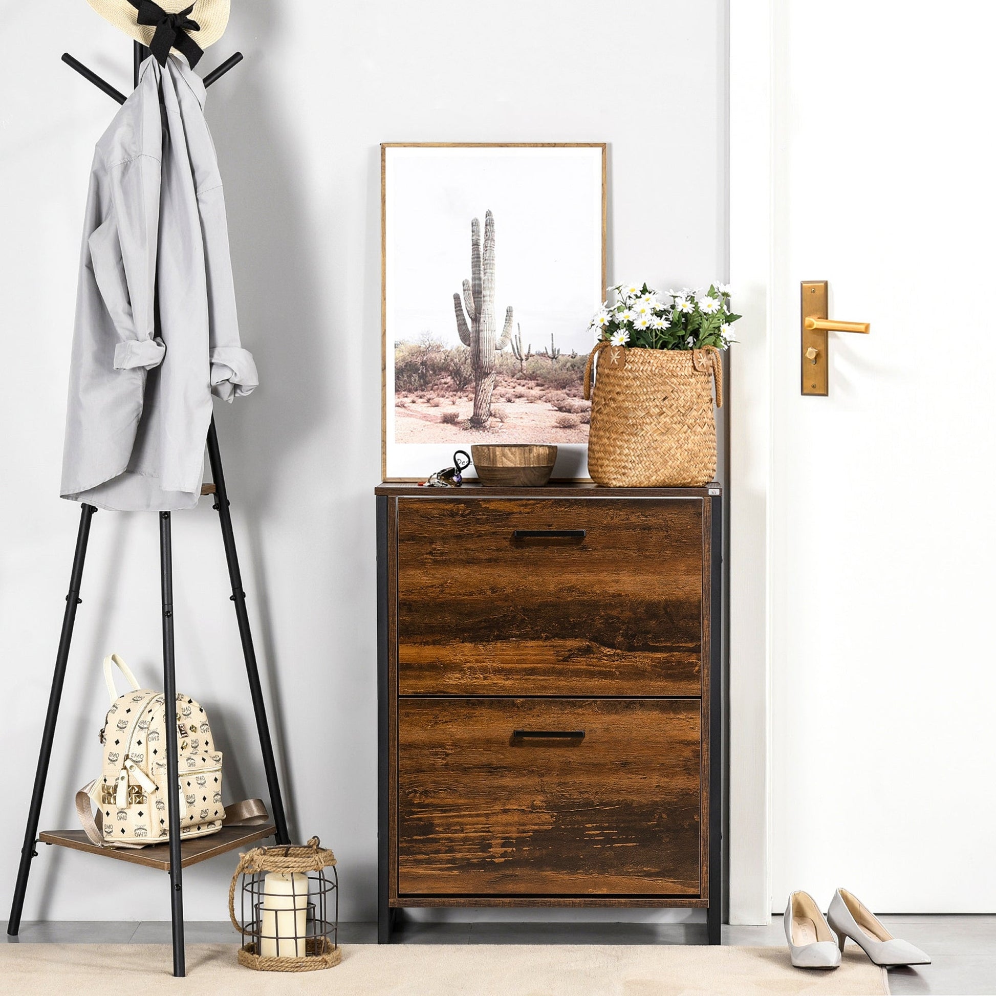 HOMCOM Industrial Shoe Cabinet with 2 Flip Drawers, Narrow Shoe Storage Cabinet for 12 Pairs, Freestanding Slim Shoe Rack for Entryway, Hallway, Rustic Brown