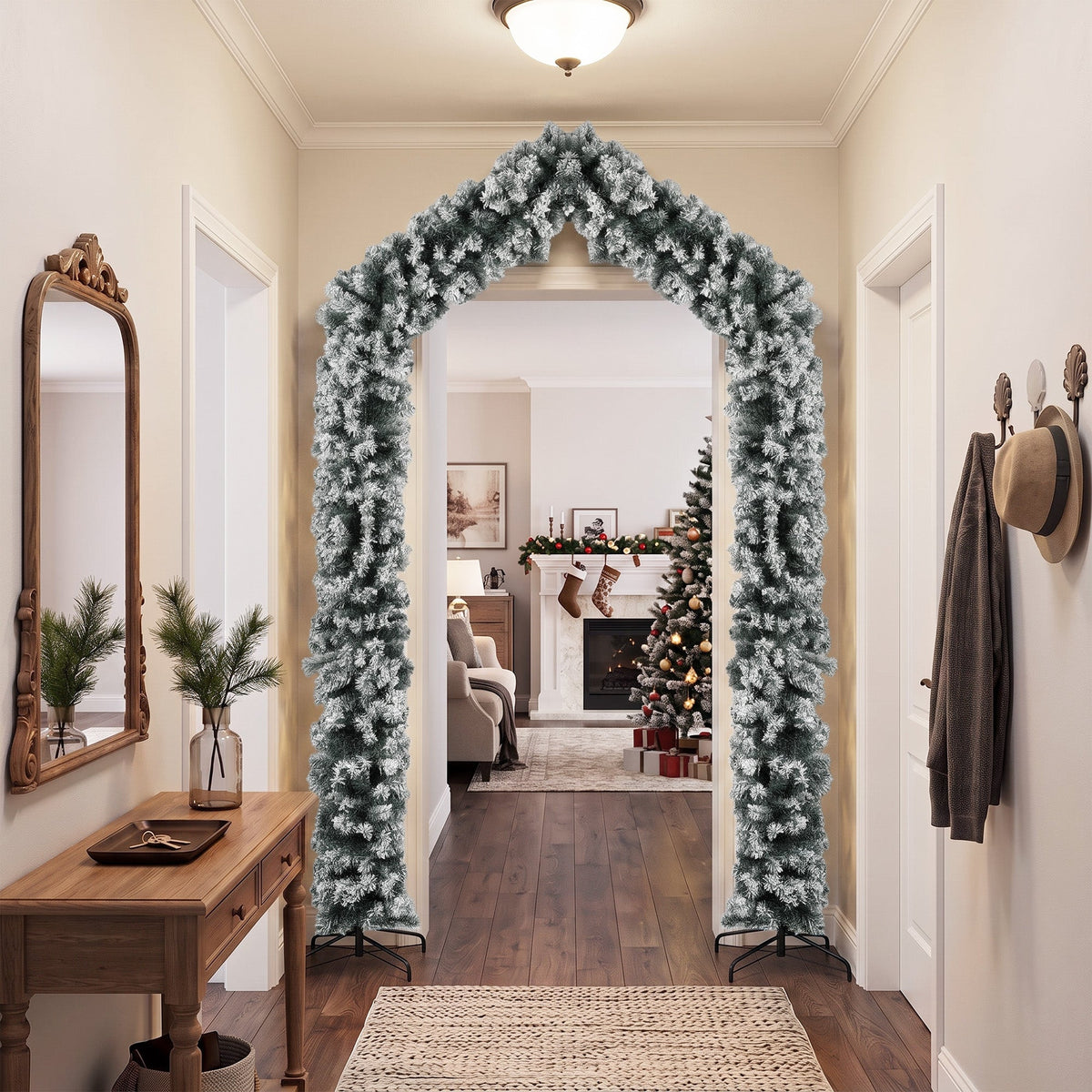 9ft Flocked Snow Christmas Tree Arch, Christmas Arch Doorway Decor with 1400 Branch Tips and Steel Stand, for Indoor Entryway Home Decor, Green