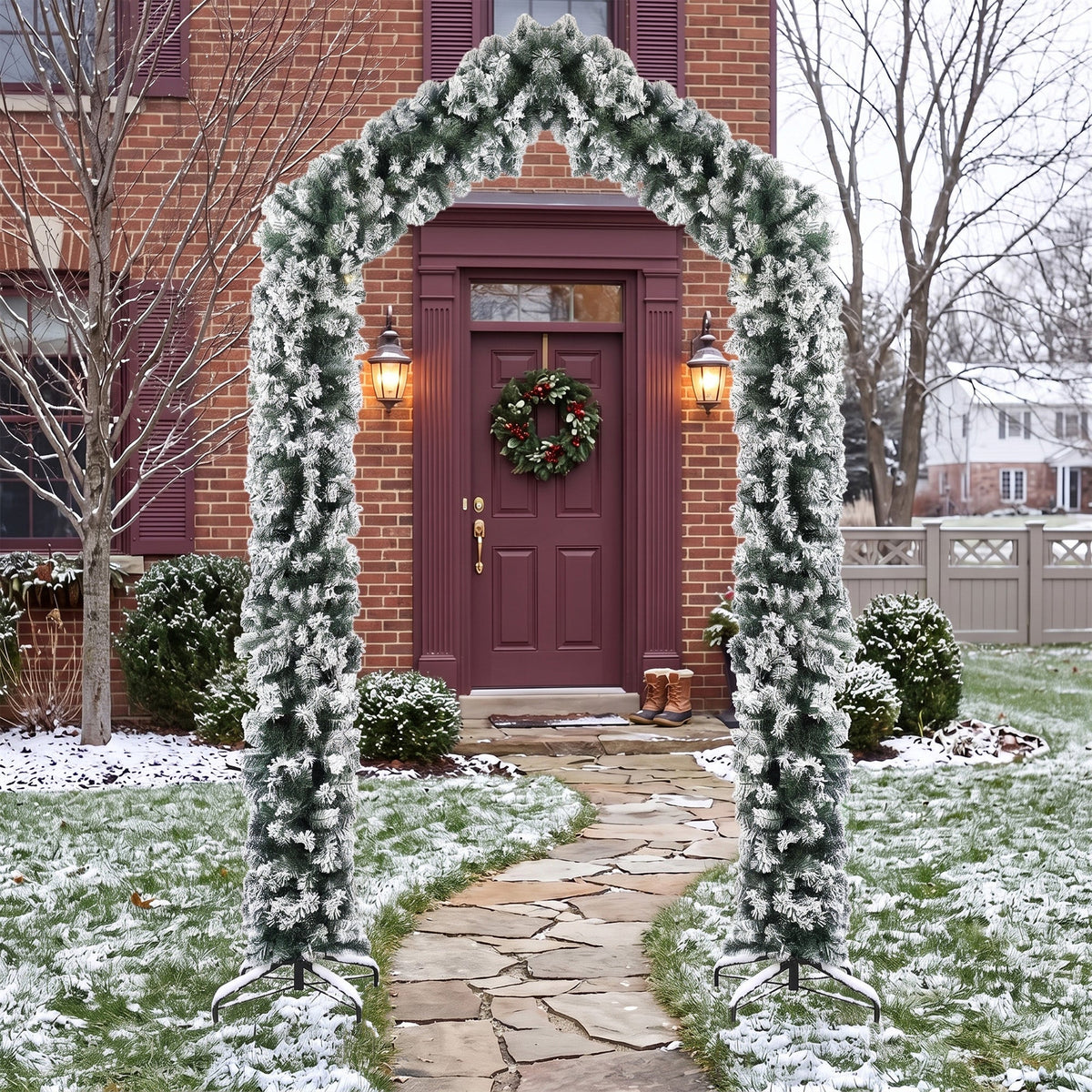 9ft Flocked Snow Christmas Tree Arch, Christmas Arch Doorway Decor with 1400 Branch Tips and Steel Stand, for Indoor Entryway Home Decor, Green