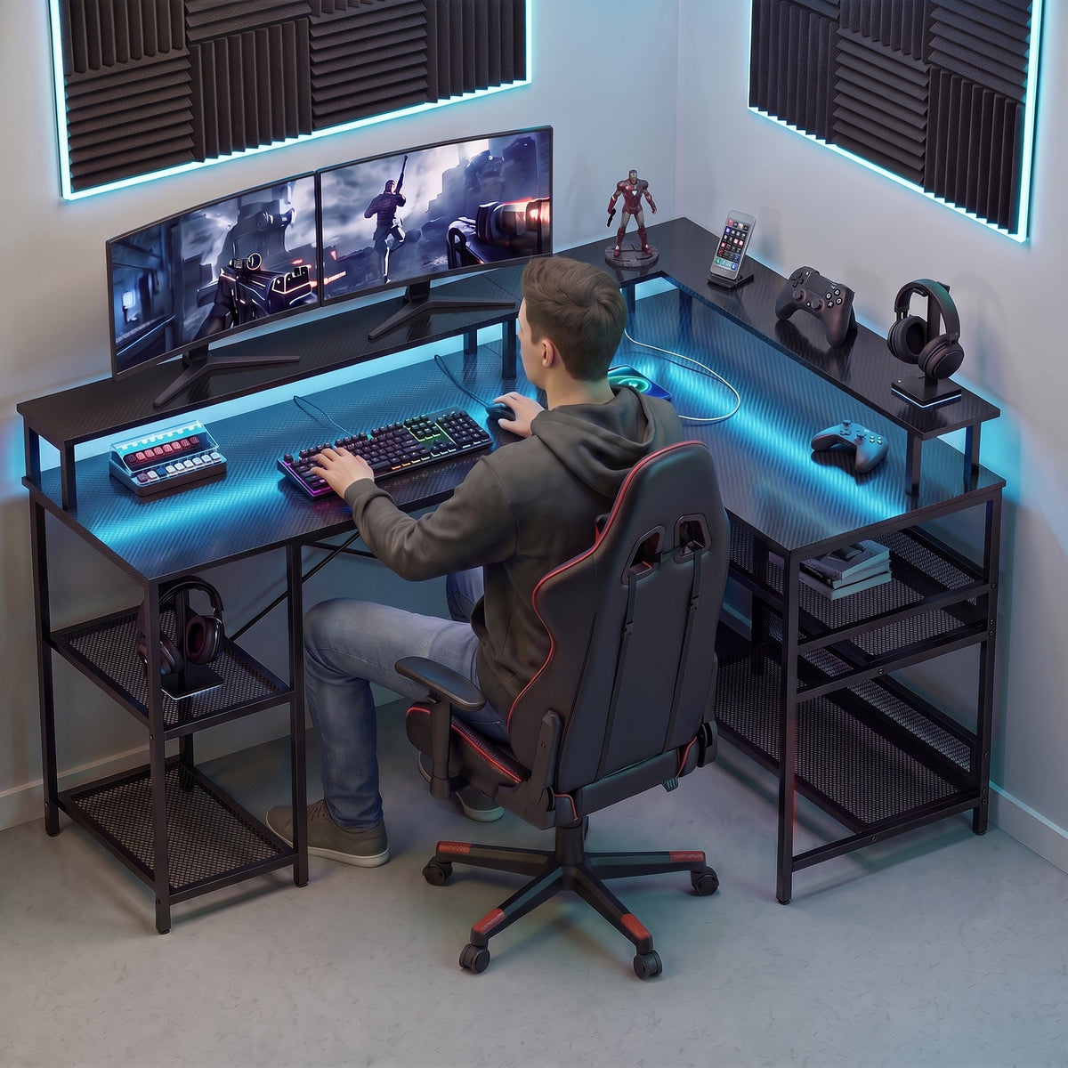 L Shaped Gaming Desk with LED Lights and Power Outlets, 150cm Corner Computer Desk with Monitor Stand and Storage Shelves, Home Office Desk for Small Space, Black Gaming Texture
