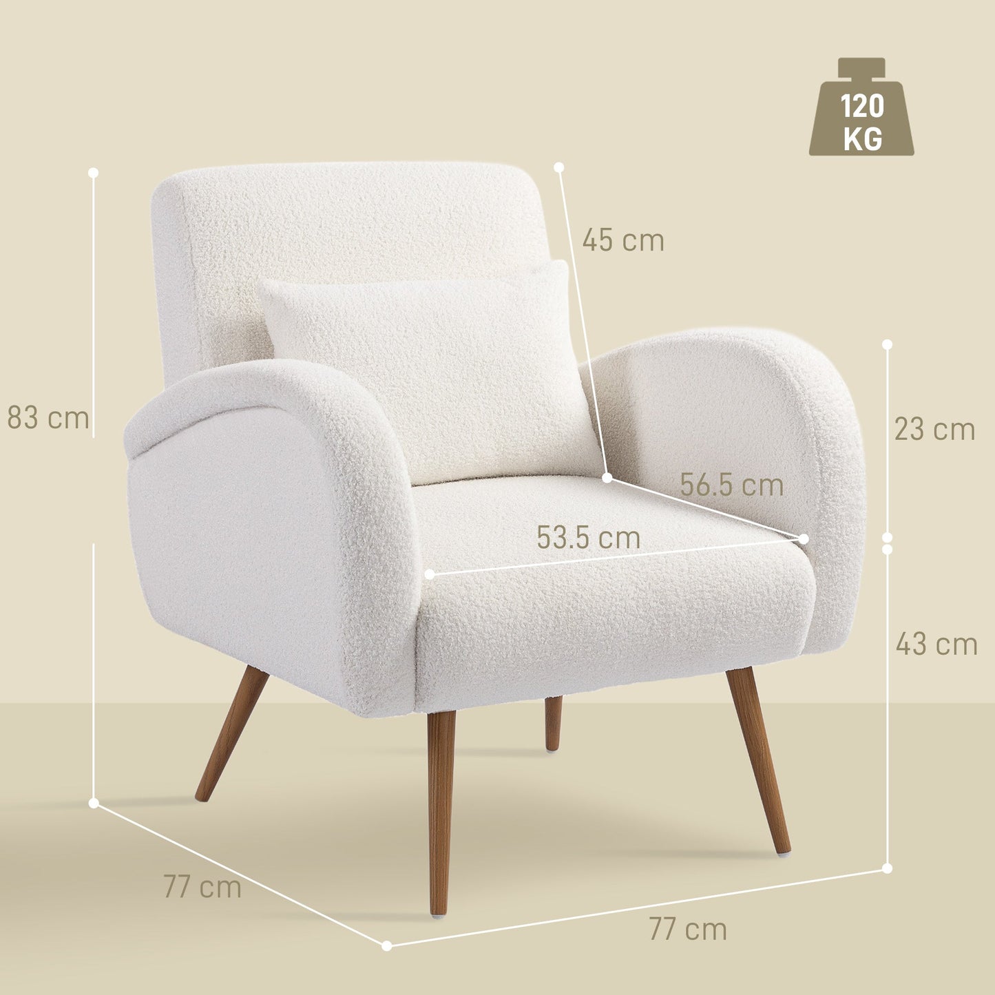 Modern Accent Chair, Teddy Fleece Upholstered Armchair with Lumbar Pillow, Metal Legs, Reading Lounge Chair for Living Room, Bedroom, Cream White