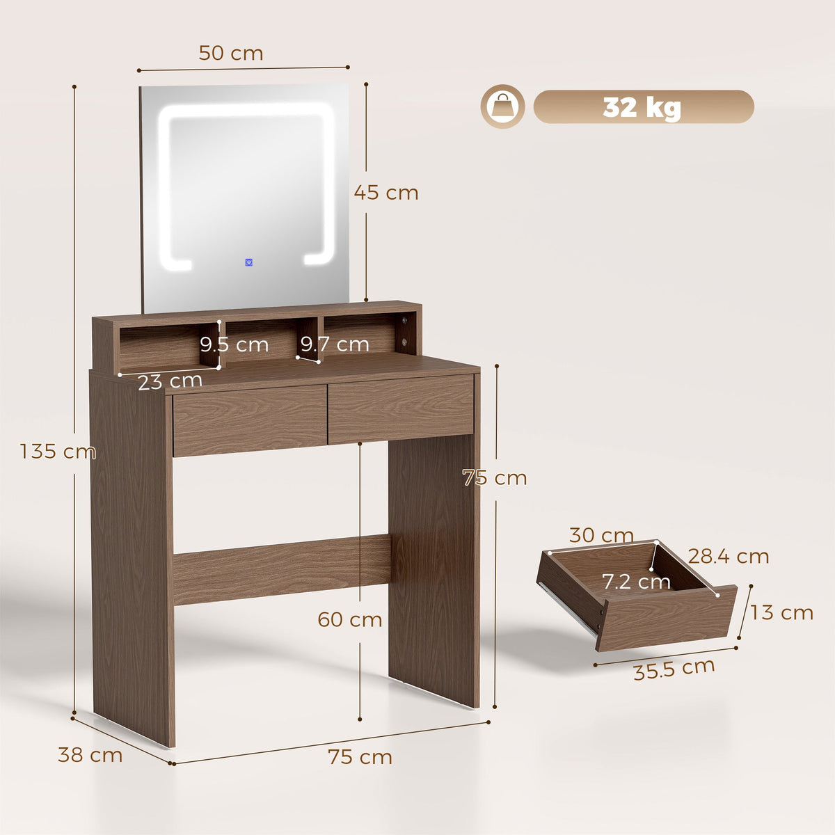 Dressing Table with Mirror and LED Lights, Vanity Table with 2 Drawers, 3 Compartments, 3 Colour Lighting, for Bedroom, Modern Dresser Makeup Desk for Women and Girls, Walnut brown