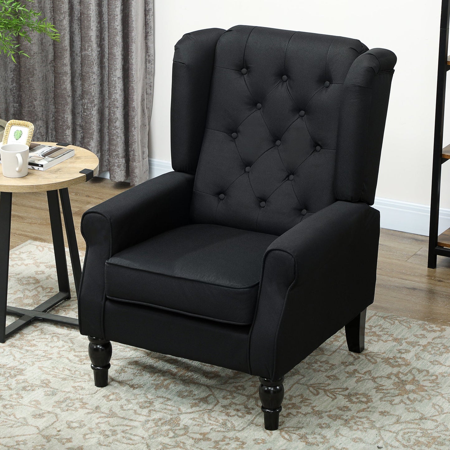 Retro Accent Chair, Linen Wingback Armchair with Wood Frame Button Tufted Design for Living Room Bedroom, Black