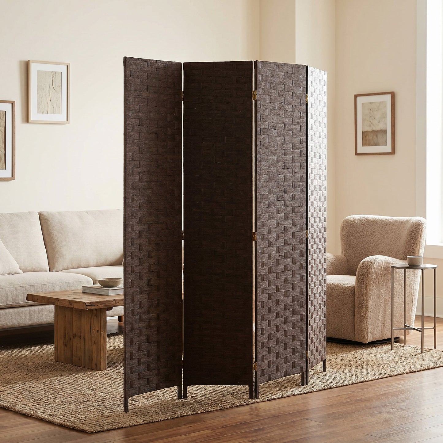 4-Panel Room Dividers, Wave Fibre Freestanding Folding Privacy Screen Panels, Partition Wall Divider for Indoor Bedroom Office, 170 cm, Dark Brown