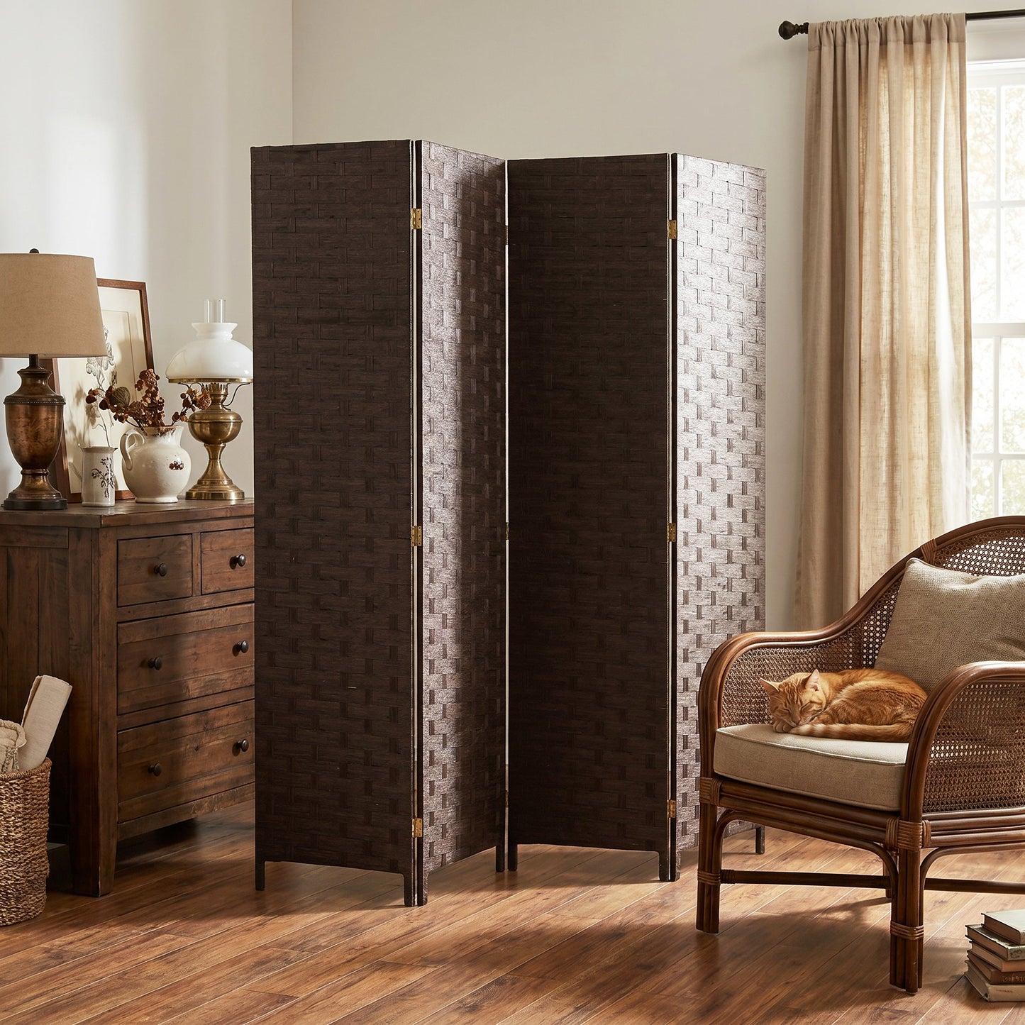 4-Panel Room Dividers, Wave Fibre Freestanding Folding Privacy Screen Panels, Partition Wall Divider for Indoor Bedroom Office, 170 cm, Dark Brown