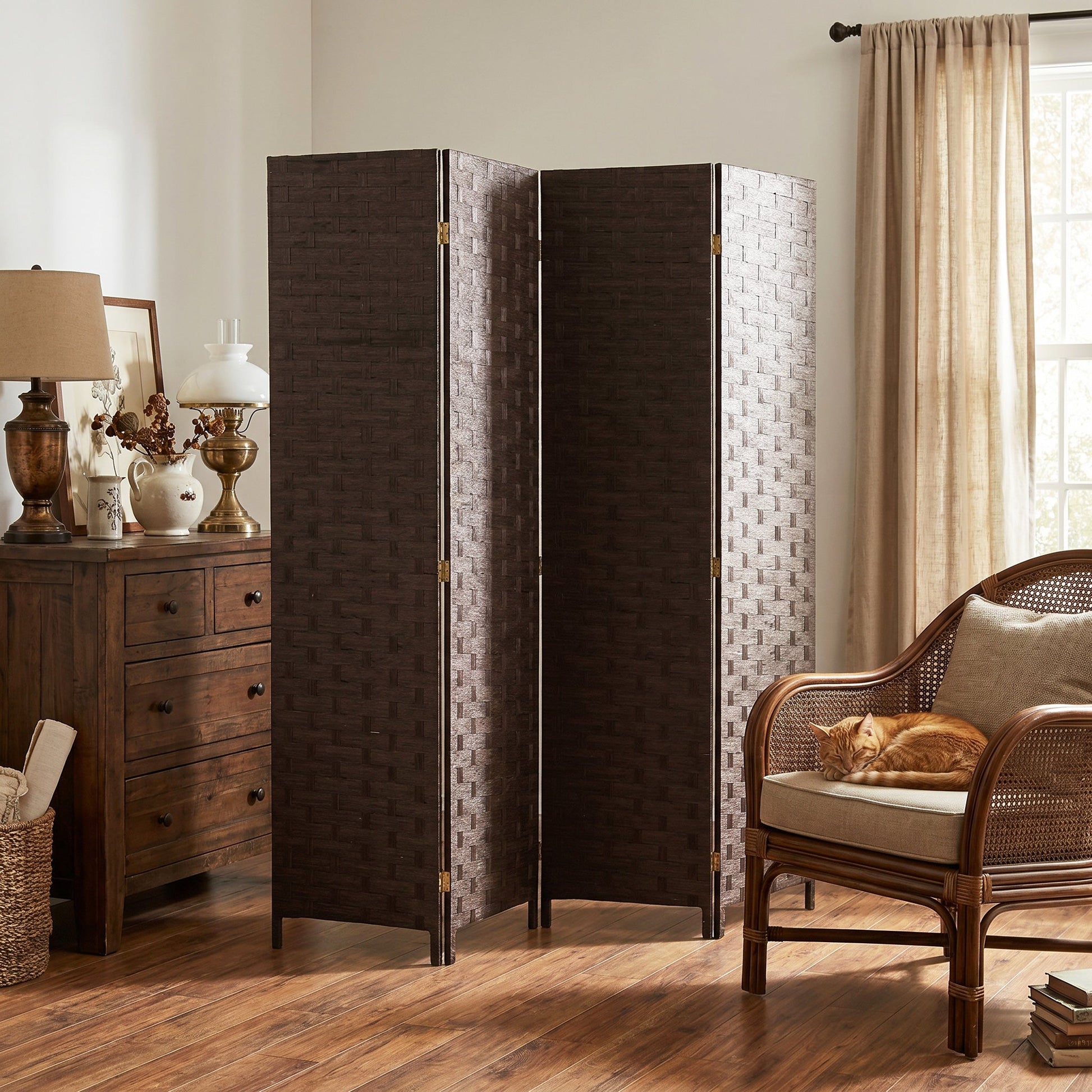 4-Panel Room Dividers, Wave Fibre Freestanding Folding Privacy Screen Panels, Partition Wall Divider for Indoor Bedroom Office, 170 cm, Dark Brown