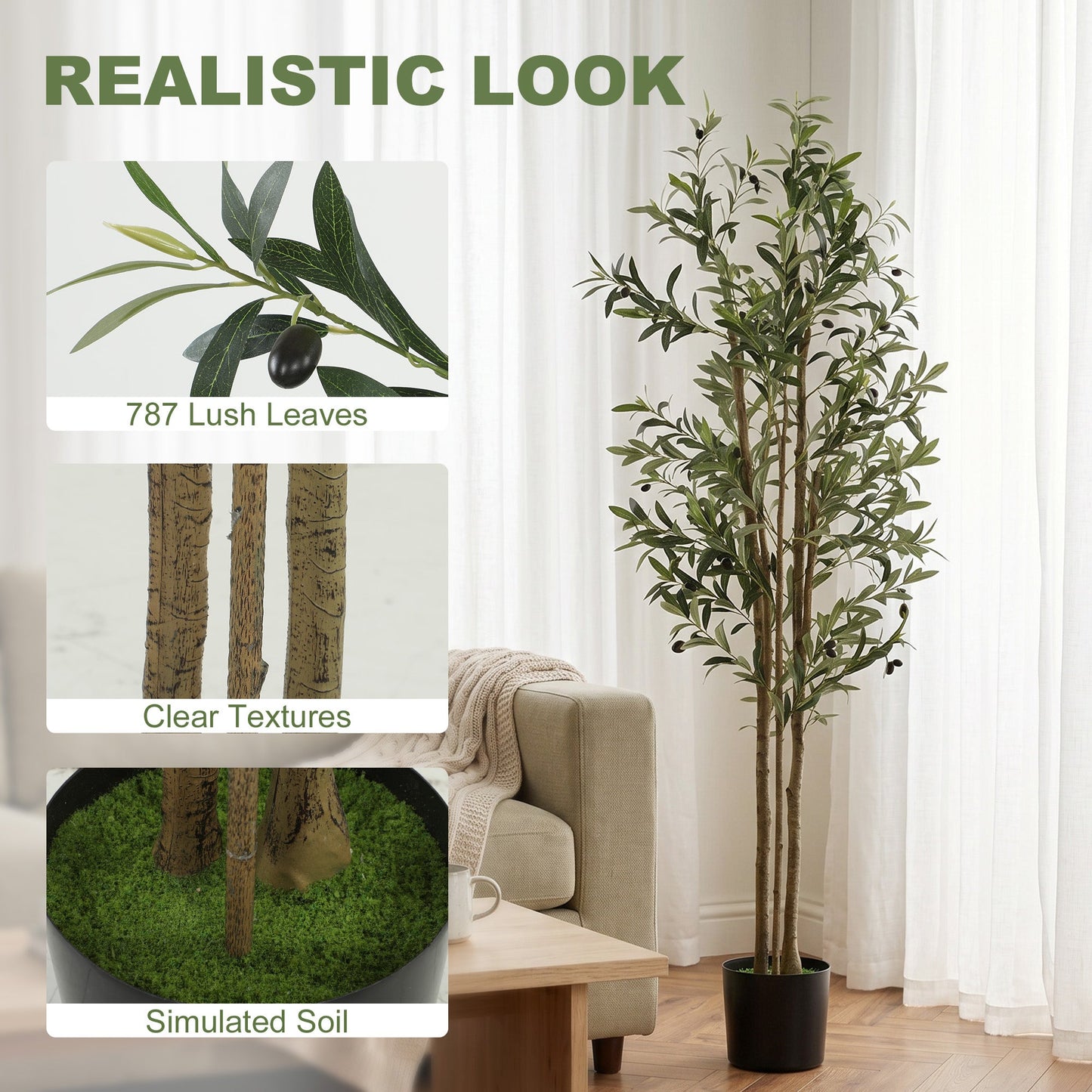 175 cm Artificial Olive Tree, Tall Faux Plant with 787 Leaves & Adjustable Branches, Artificial Plant for Living Room Home Office Floor Indoors Outdoors