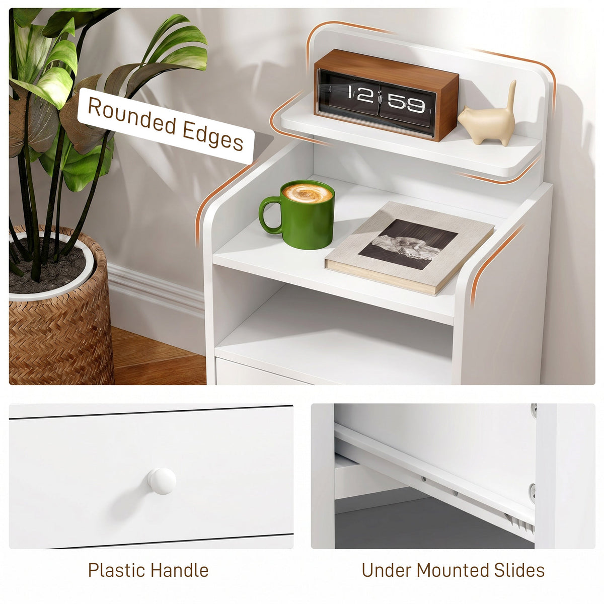 Bedside Table, Bedside Cabinet with Drawer, Modern Side Table with Shelf for Living Room, White