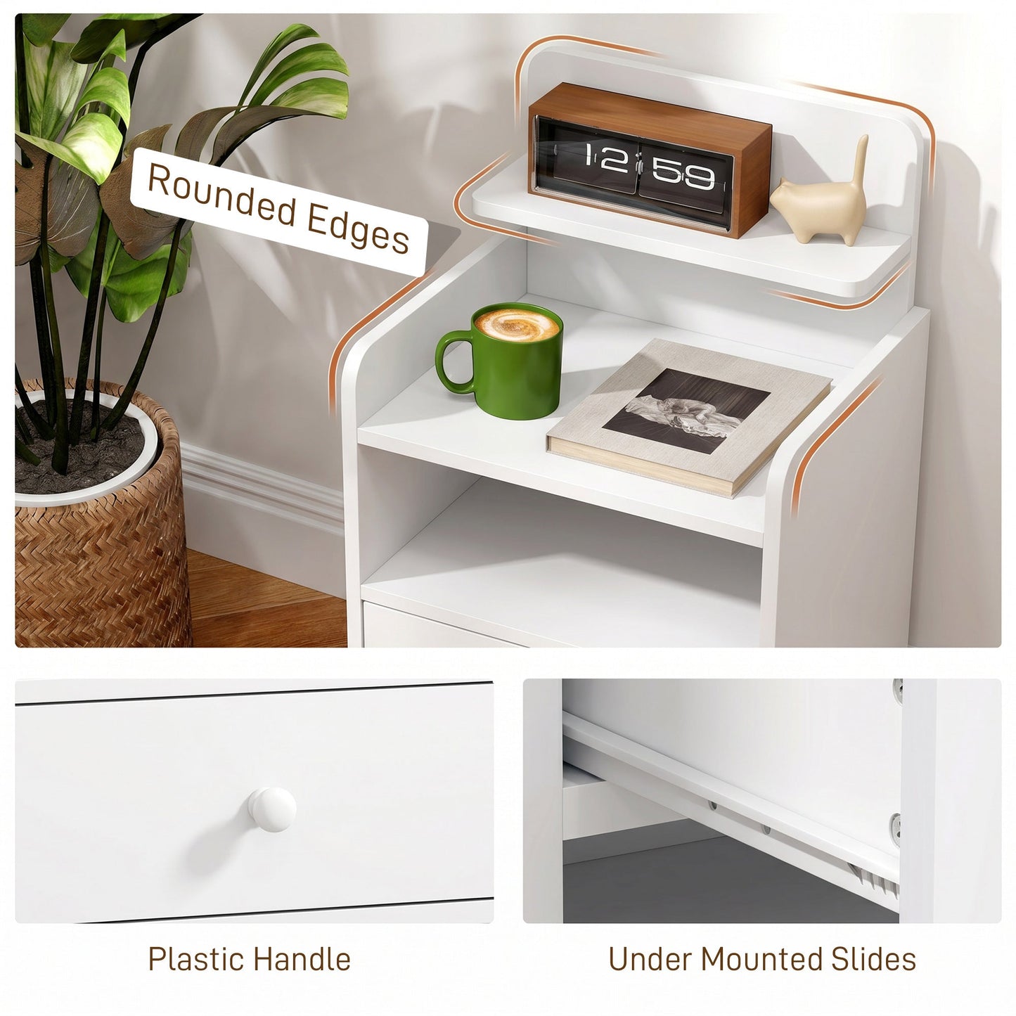 Bedside Table, Bedside Cabinet with Drawer, Modern Side Table with Shelf for Living Room, White