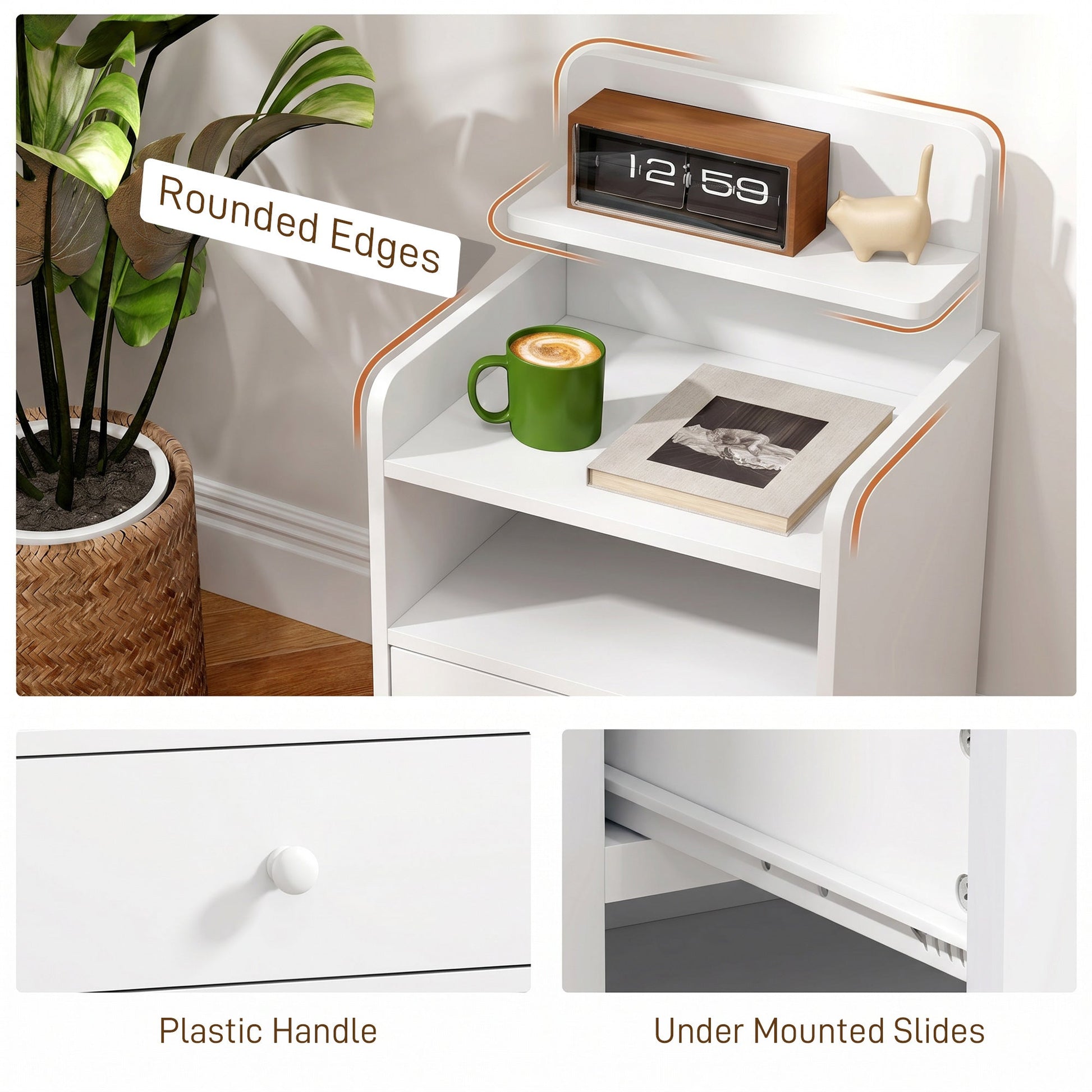 Bedside Table, Bedside Cabinet with Drawer, Modern Side Table with Shelf for Living Room, White