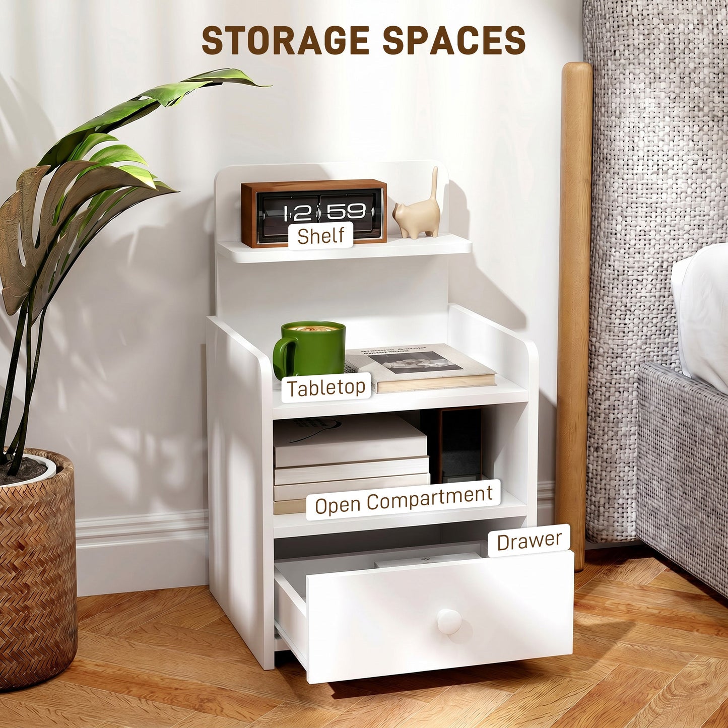 Bedside Table, Bedside Cabinet with Drawer, Modern Side Table with Shelf for Living Room, White