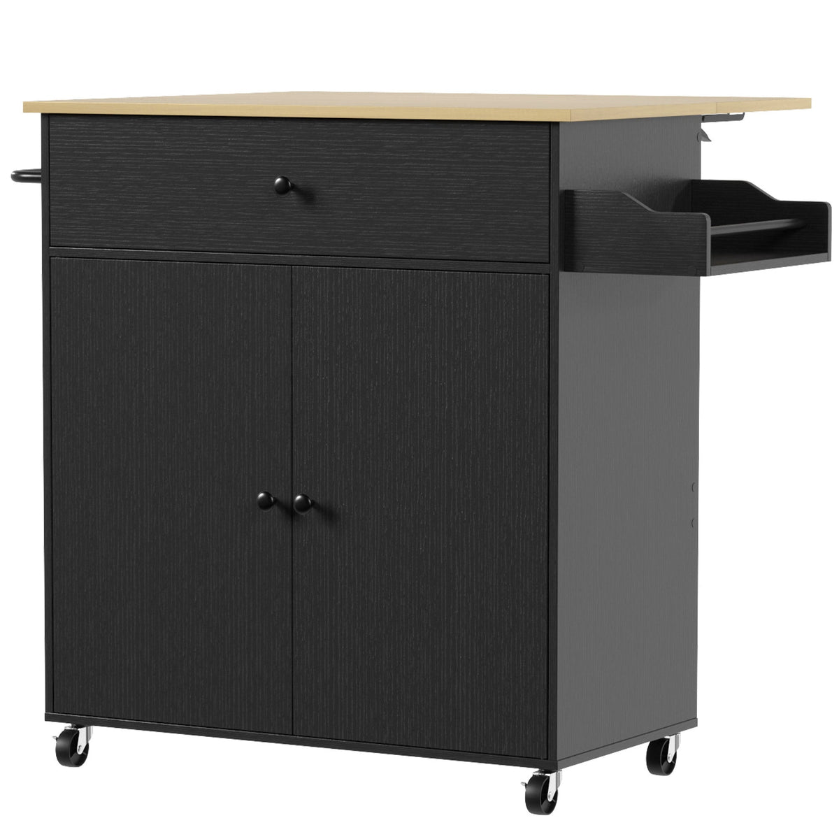 Kitchen Island with Drop Leaf, Rolling Kitchen Storage Trolley on Wheels with Drawer, Spice Rack and Towel Rack, Storage Cart with Adjustable Shelf, Black