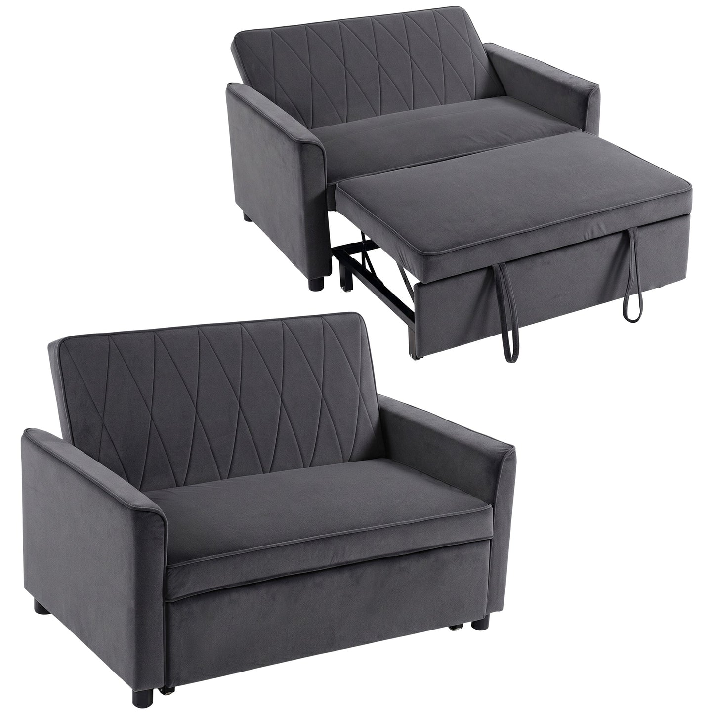 2 Seater Sofa Bed, 3-in-1 Convertible Pull Out Sleeper Sofa, Velvet Loveseat Bed Settee with Clik-Clack Adjustable Backrest, High-Density Foam for Living Room, Bedroom, Guest Room, Dark Grey