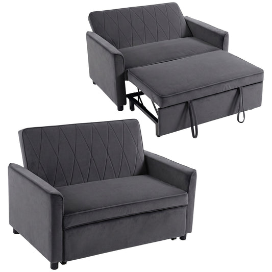2 Seater Sofa Bed, 3-in-1 Convertible Pull Out Sleeper Sofa, Velvet Loveseat Bed Settee with Clik-Clack Adjustable Backrest, High-Density Foam for Living Room, Bedroom, Guest Room, Dark Grey