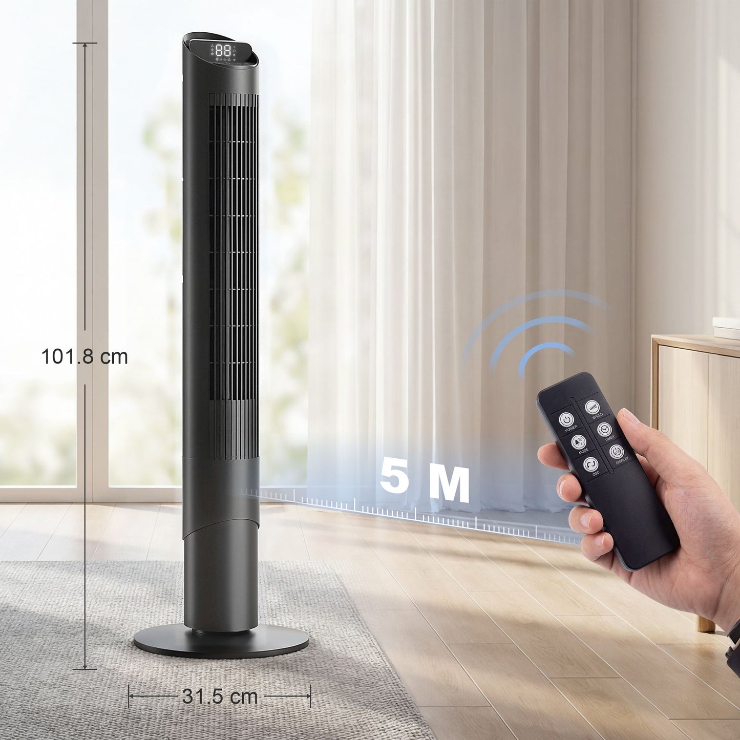101.8 cm Tower Fan for Cooling, Standing Floor Cooling Fan with WiFi App, 6 Speeds and 4 Modes, 65° Oscillating, 12H Timer and Remote Control for Bedroom, Office, Black