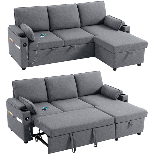 Corner Sofa Bed, L Shaped Sleeper Sectional Sofa with Reversible Storage Chaise, 3 Seater Convertible Pull Out Sofa Bed with Spring Seat, USB Ports, Cup Holders, Pillows for Living Room, Grey