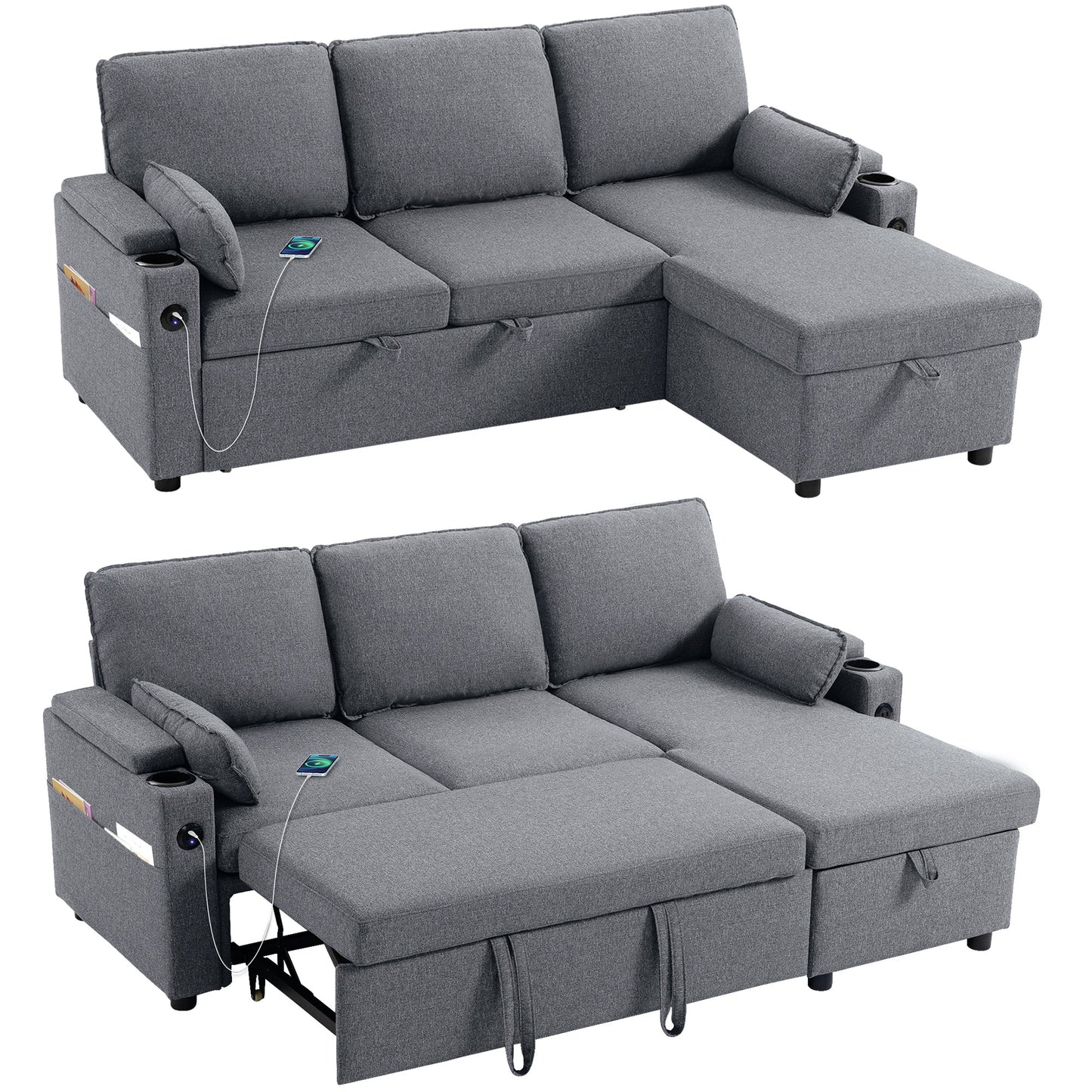 Corner Sofa Bed, L Shaped Sleeper Sectional Sofa with Reversible Storage Chaise, 3 Seater Convertible Pull Out Sofa Bed with Spring Seat, USB Ports, Cup Holders, Pillows for Living Room, Grey