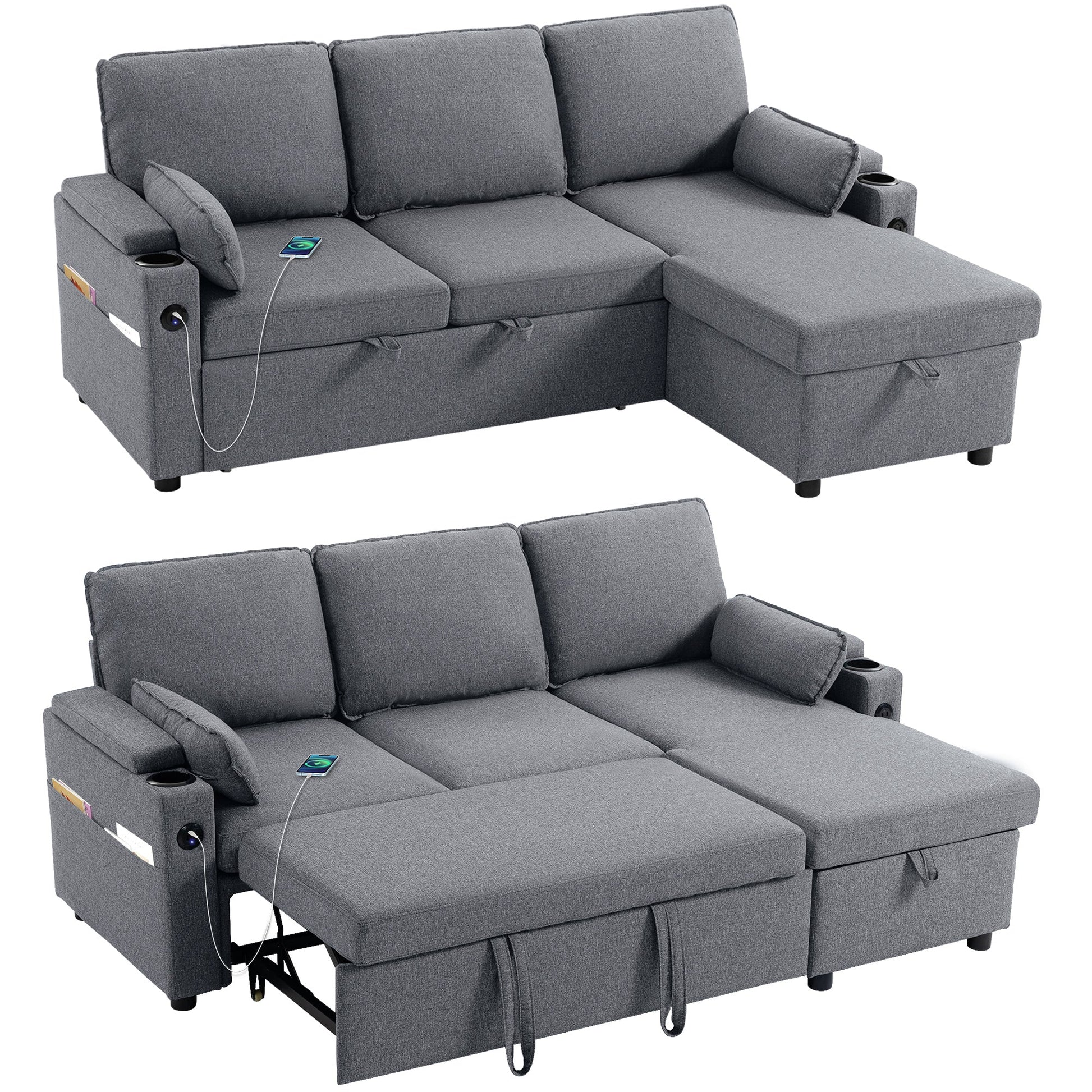 Corner Sofa Bed, L Shaped Sleeper Sectional Sofa with Reversible Storage Chaise, 3 Seater Convertible Pull Out Sofa Bed with Spring Seat, USB Ports, Cup Holders, Pillows for Living Room, Grey