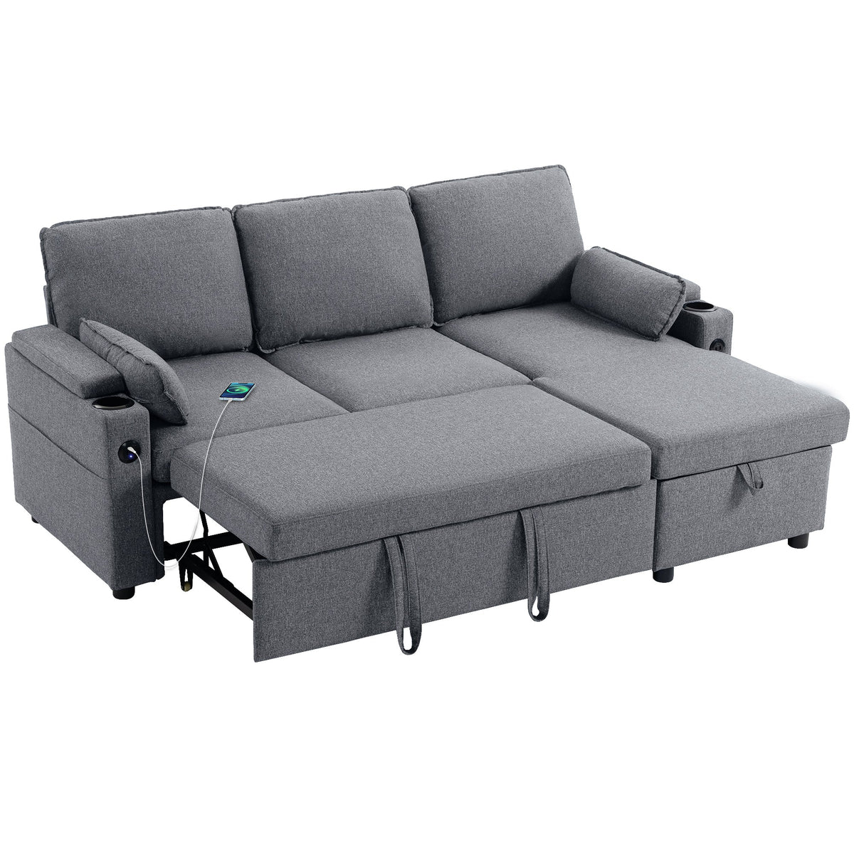 Corner Sofa Bed, L Shaped Sleeper Sectional Sofa with Reversible Storage Chaise, 3 Seater Convertible Pull Out Sofa Bed with Spring Seat, USB Ports, Cup Holders, Pillows for Living Room, Grey