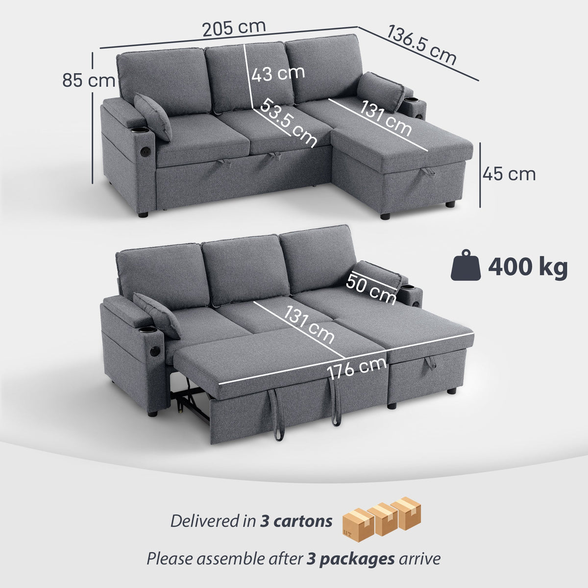 Corner Sofa Bed, L Shaped Sleeper Sectional Sofa with Reversible Storage Chaise, 3 Seater Convertible Pull Out Sofa Bed with Spring Seat, USB Ports, Cup Holders, Pillows for Living Room, Grey
