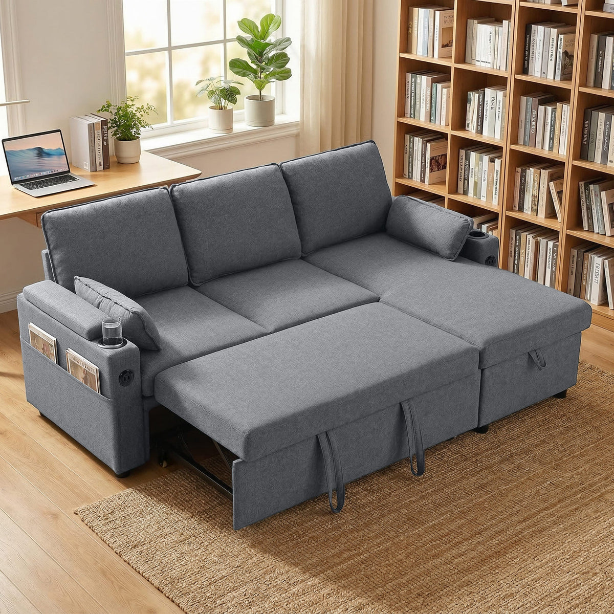 Corner Sofa Bed, L Shaped Sleeper Sectional Sofa with Reversible Storage Chaise, 3 Seater Convertible Pull Out Sofa Bed with Spring Seat, USB Ports, Cup Holders, Pillows for Living Room, Grey