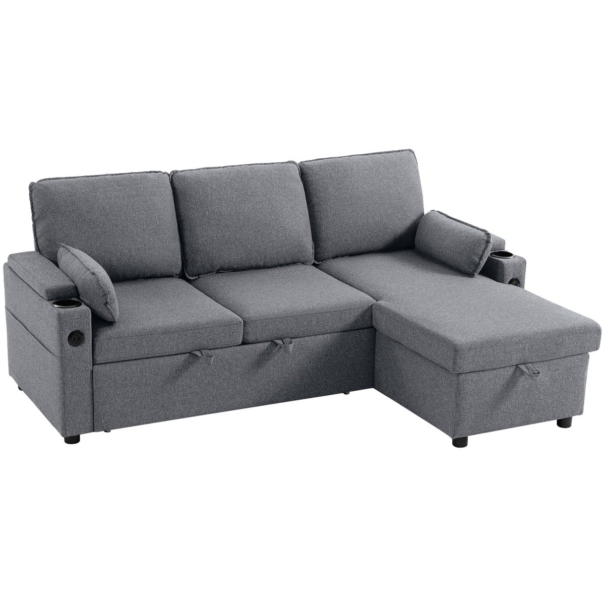 Corner Sofa Bed, L Shaped Sleeper Sectional Sofa with Reversible Storage Chaise, 3 Seater Convertible Pull Out Sofa Bed with Spring Seat, USB Ports, Cup Holders, Pillows for Living Room, Grey
