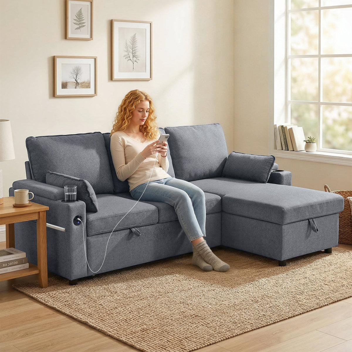 Corner Sofa Bed, L Shaped Sleeper Sectional Sofa with Reversible Storage Chaise, 3 Seater Convertible Pull Out Sofa Bed with Spring Seat, USB Ports, Cup Holders, Pillows for Living Room, Grey