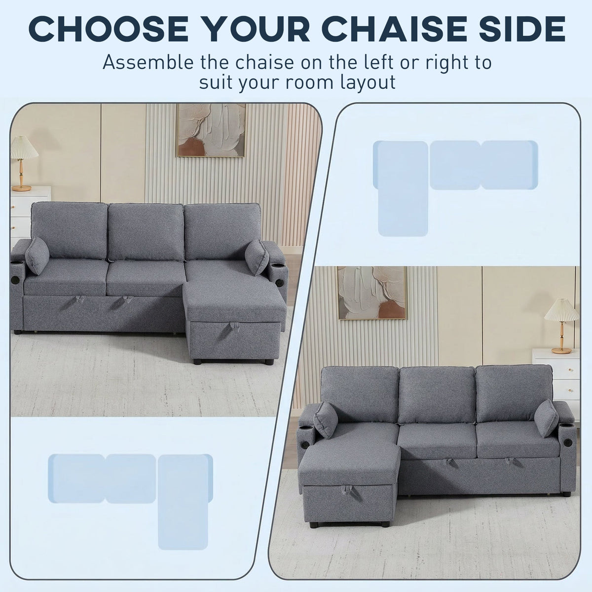 Corner Sofa Bed, L Shaped Sleeper Sectional Sofa with Reversible Storage Chaise, 3 Seater Convertible Pull Out Sofa Bed with Spring Seat, USB Ports, Cup Holders, Pillows for Living Room, Grey