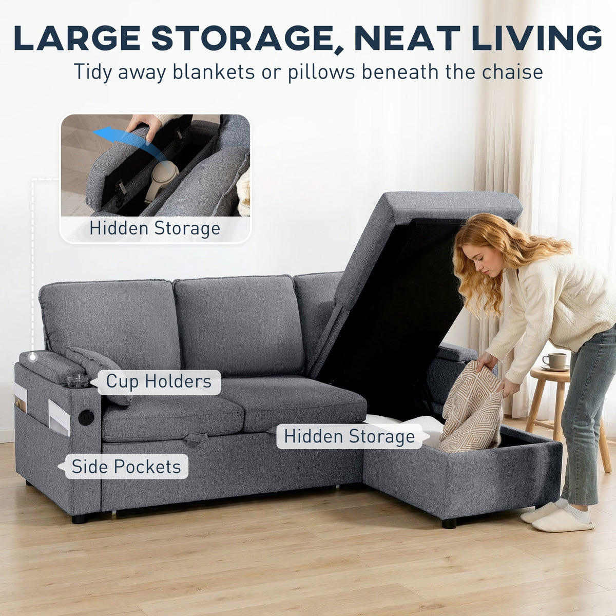 Corner Sofa Bed, L Shaped Sleeper Sectional Sofa with Reversible Storage Chaise, 3 Seater Convertible Pull Out Sofa Bed with Spring Seat, USB Ports, Cup Holders, Pillows for Living Room, Grey