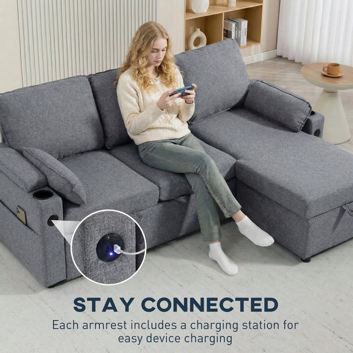 Corner Sofa Bed, L Shaped Sleeper Sectional Sofa with Reversible Storage Chaise, 3 Seater Convertible Pull Out Sofa Bed with Spring Seat, USB Ports, Cup Holders, Pillows for Living Room, Grey