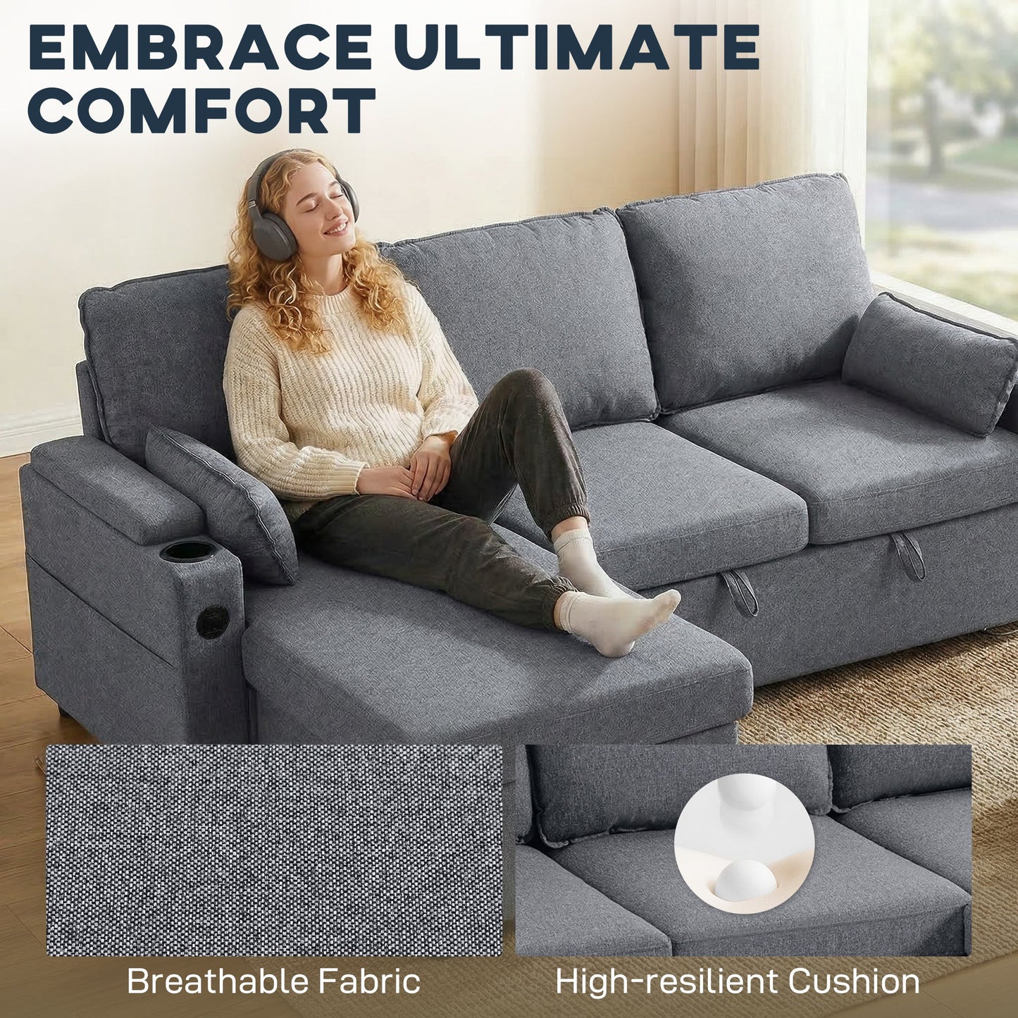 Corner Sofa Bed, L Shaped Sleeper Sectional Sofa with Reversible Storage Chaise, 3 Seater Convertible Pull Out Sofa Bed with Spring Seat, USB Ports, Cup Holders, Pillows for Living Room, Grey