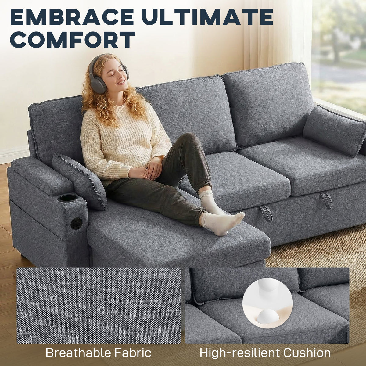 Corner Sofa Bed, L Shaped Sleeper Sectional Sofa with Reversible Storage Chaise, 3 Seater Convertible Pull Out Sofa Bed with Spring Seat, USB Ports, Cup Holders, Pillows for Living Room, Grey