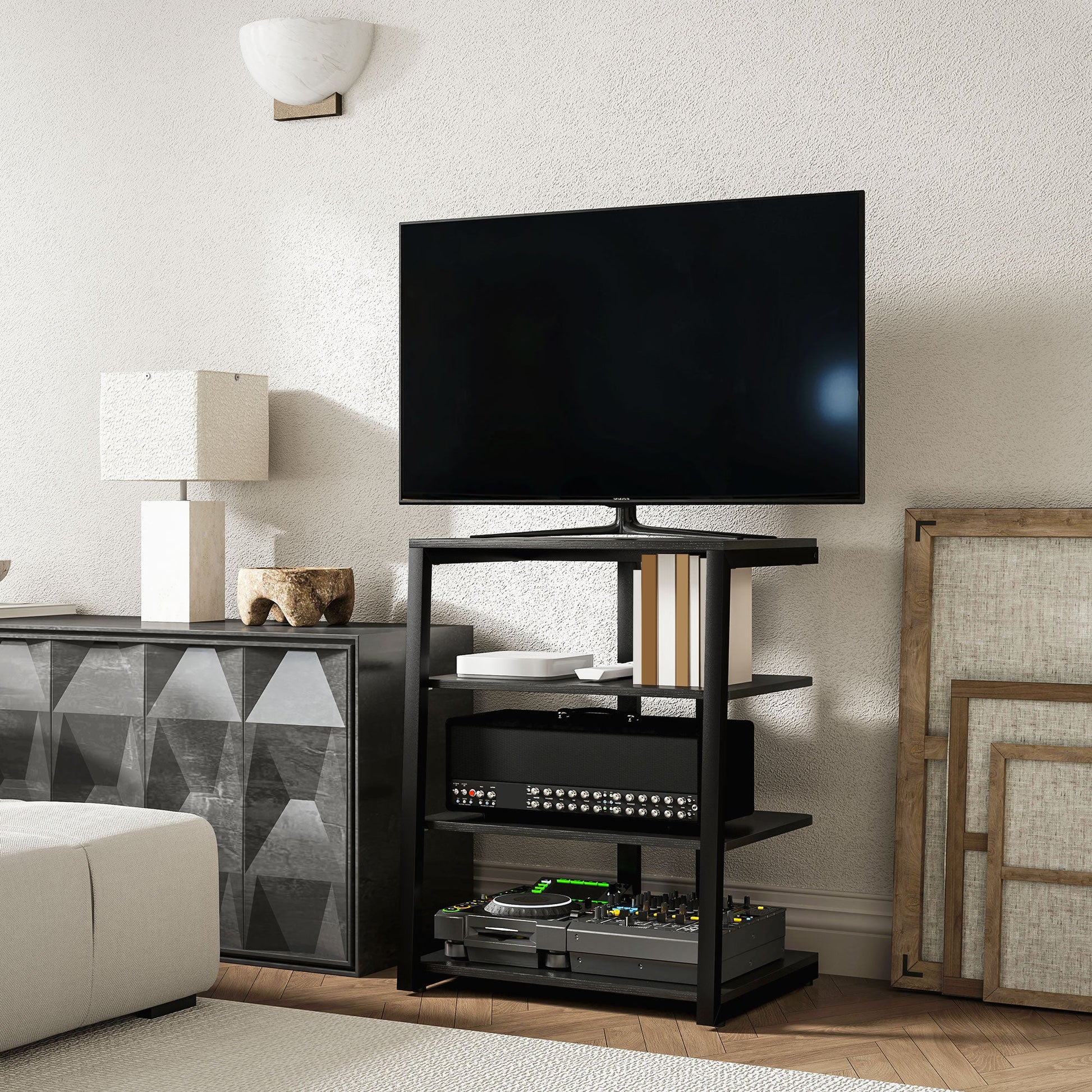 HOMCOM HiFi Stand, 4-Tier Media Storage Shelf with Adjustable Shelves, Power Strip Rack for Router, Record Player, Printer, Industrial TV Stand for up to 28 Inch TVs, Black