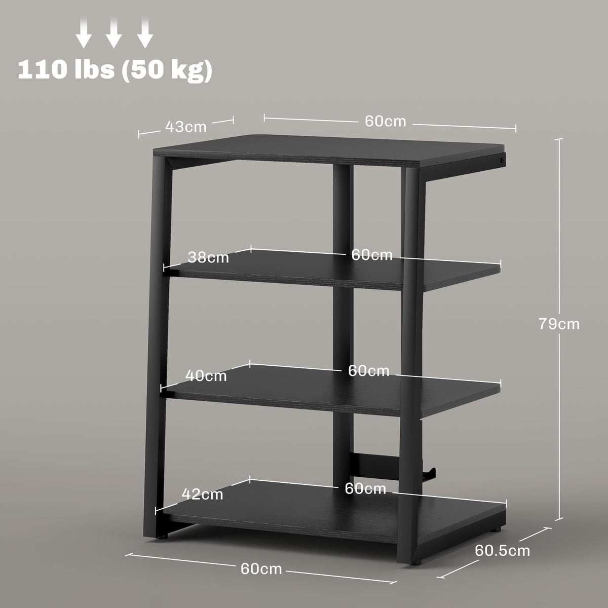 HOMCOM HiFi Stand, 4-Tier Media Storage Shelf with Adjustable Shelves, Power Strip Rack for Router, Record Player, Printer, Industrial TV Stand for up to 28 Inch TVs, Black