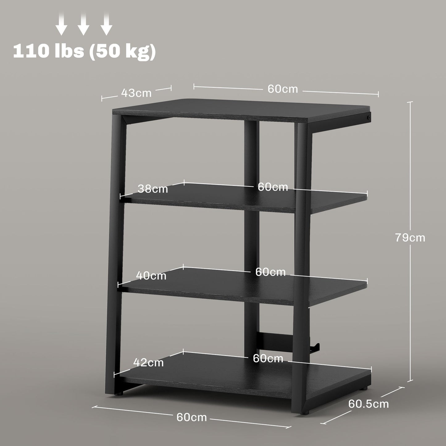 HOMCOM HiFi Stand, 4-Tier Media Storage Shelf with Adjustable Shelves, Power Strip Rack for Router, Record Player, Printer, Industrial TV Stand for up to 28 Inch TVs, Black