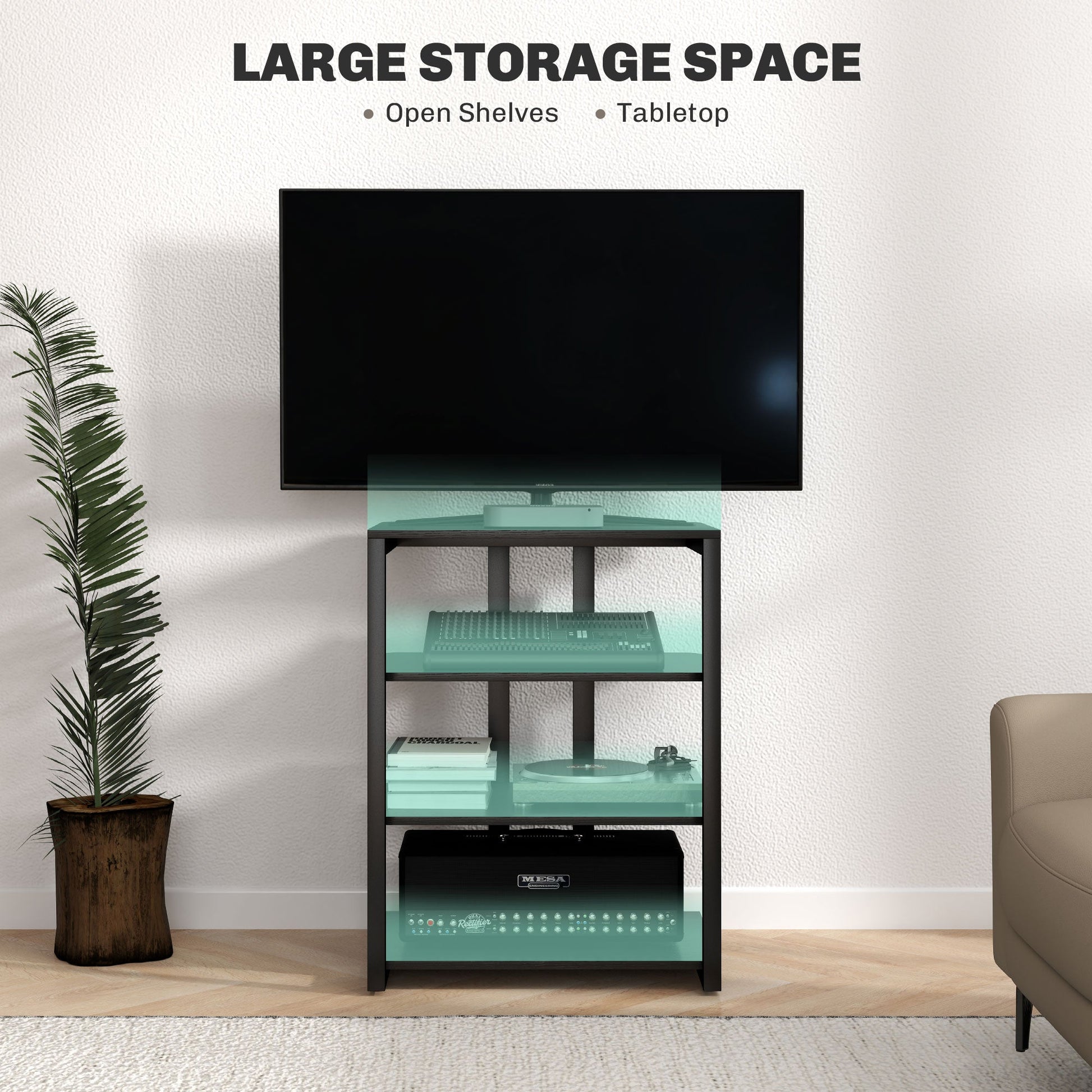 HOMCOM HiFi Stand, 4-Tier Media Storage Shelf with Adjustable Shelves, Power Strip Rack for Router, Record Player, Printer, Industrial TV Stand for up to 28 Inch TVs, Black