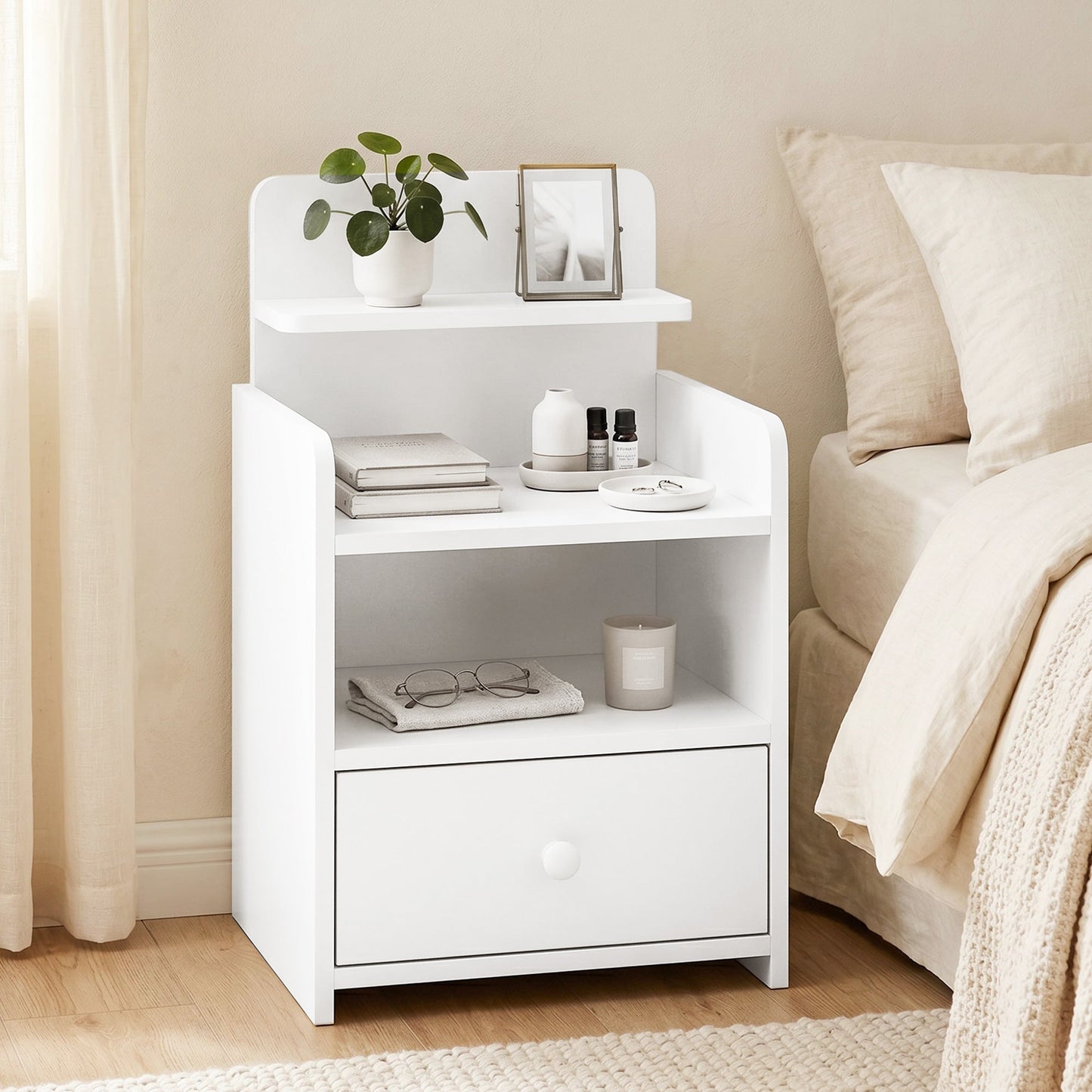 Bedside Table, Bedside Cabinet with Drawer, Modern Side Table with Shelf for Living Room, White