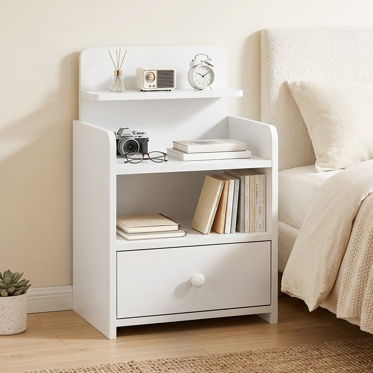 Bedside Table, Bedside Cabinet with Drawer, Modern Side Table with Shelf for Living Room, White
