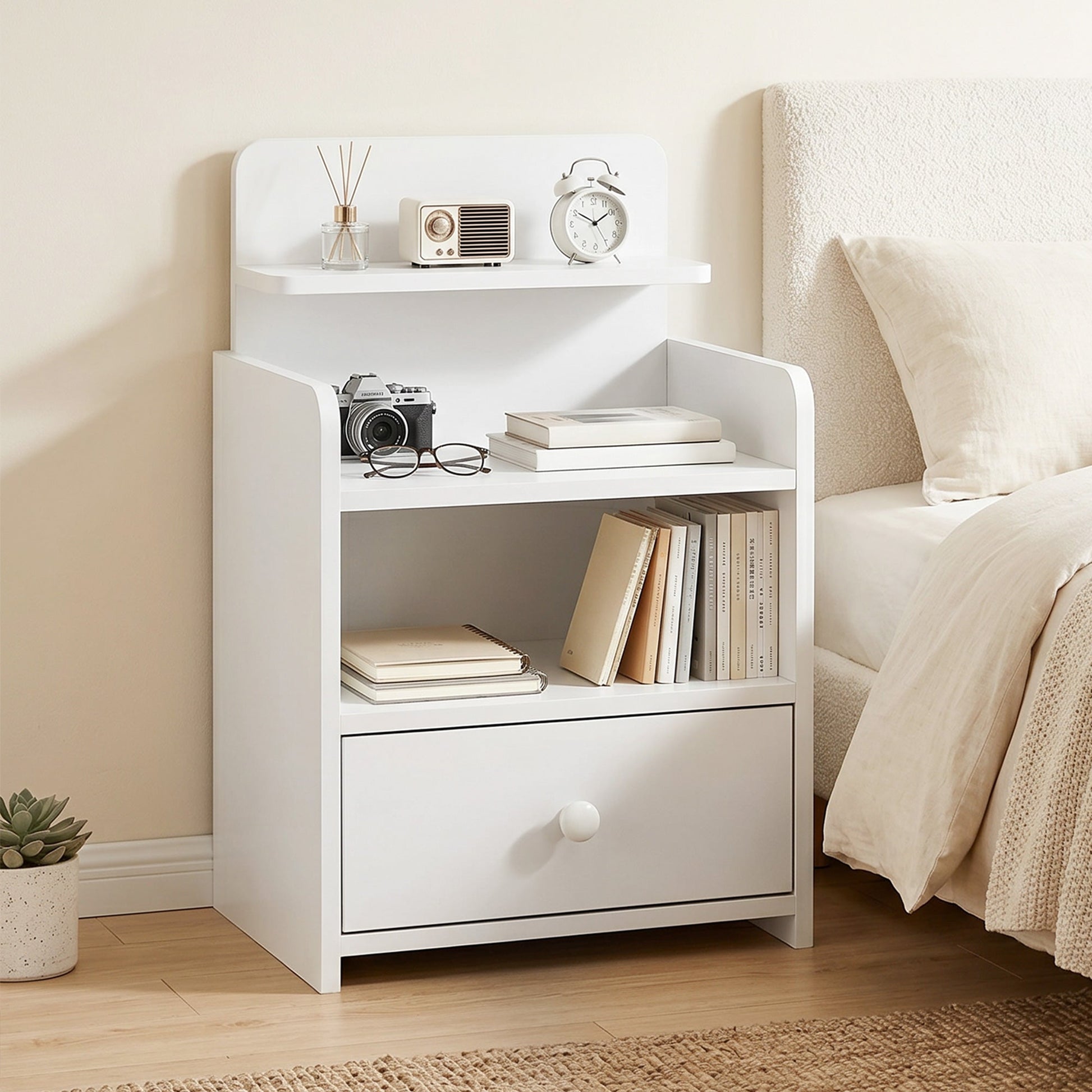 Bedside Table, Bedside Cabinet with Drawer, Modern Side Table with Shelf for Living Room, White