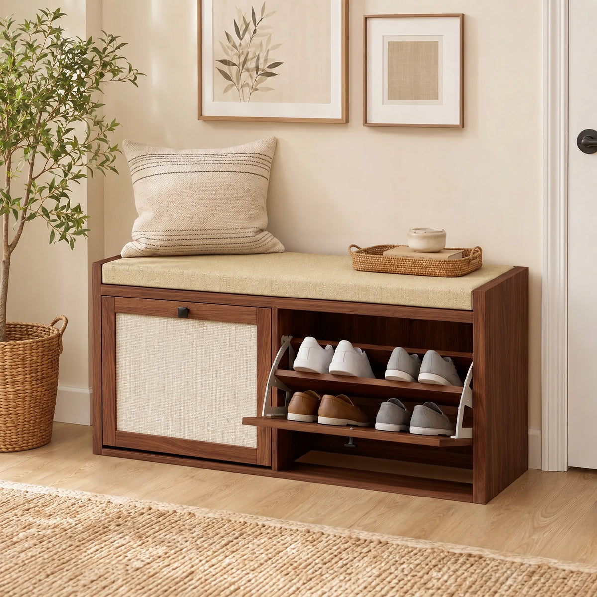 Shoe Bench with 2 Rattan Doors, Shoe Storage Bench with Padded Cushion Seat for Hallway, Living Room, Bedroom, Brown