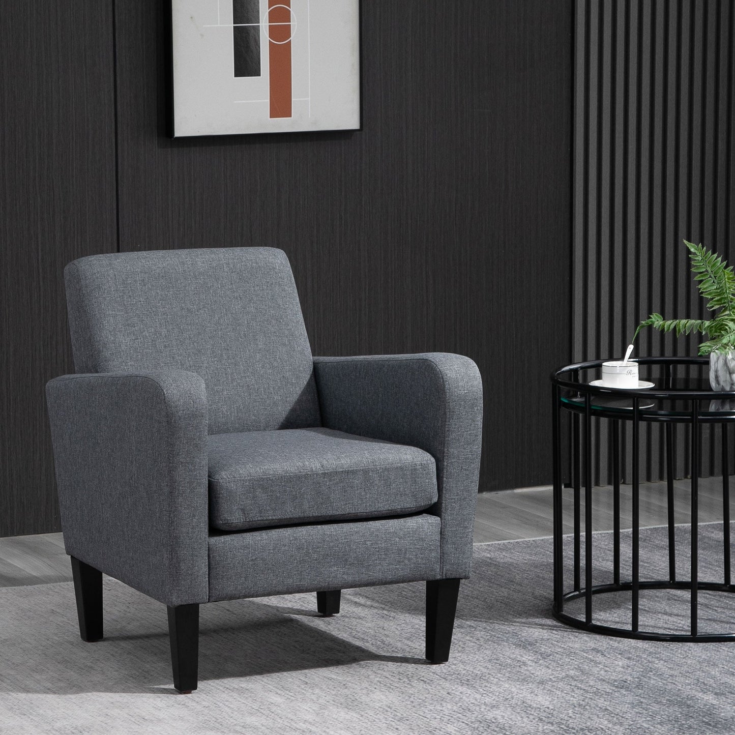 HOMCOM Modern Armchair with Rubber Wood Legs, Upholstered Accent Chair, Single Sofa for Living Room, Bedroom, Grey