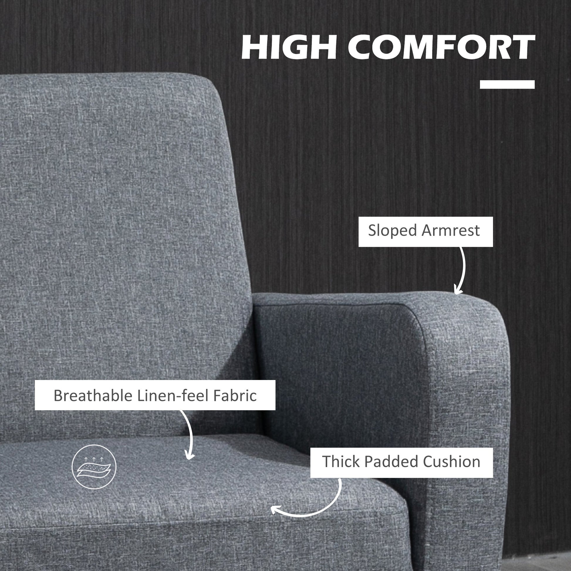 HOMCOM Modern Armchair with Rubber Wood Legs, Upholstered Accent Chair, Single Sofa for Living Room, Bedroom, Grey