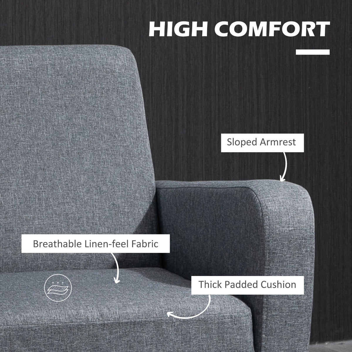 HOMCOM Modern Armchair with Rubber Wood Legs, Upholstered Accent Chair, Single Sofa for Living Room, Bedroom, Grey