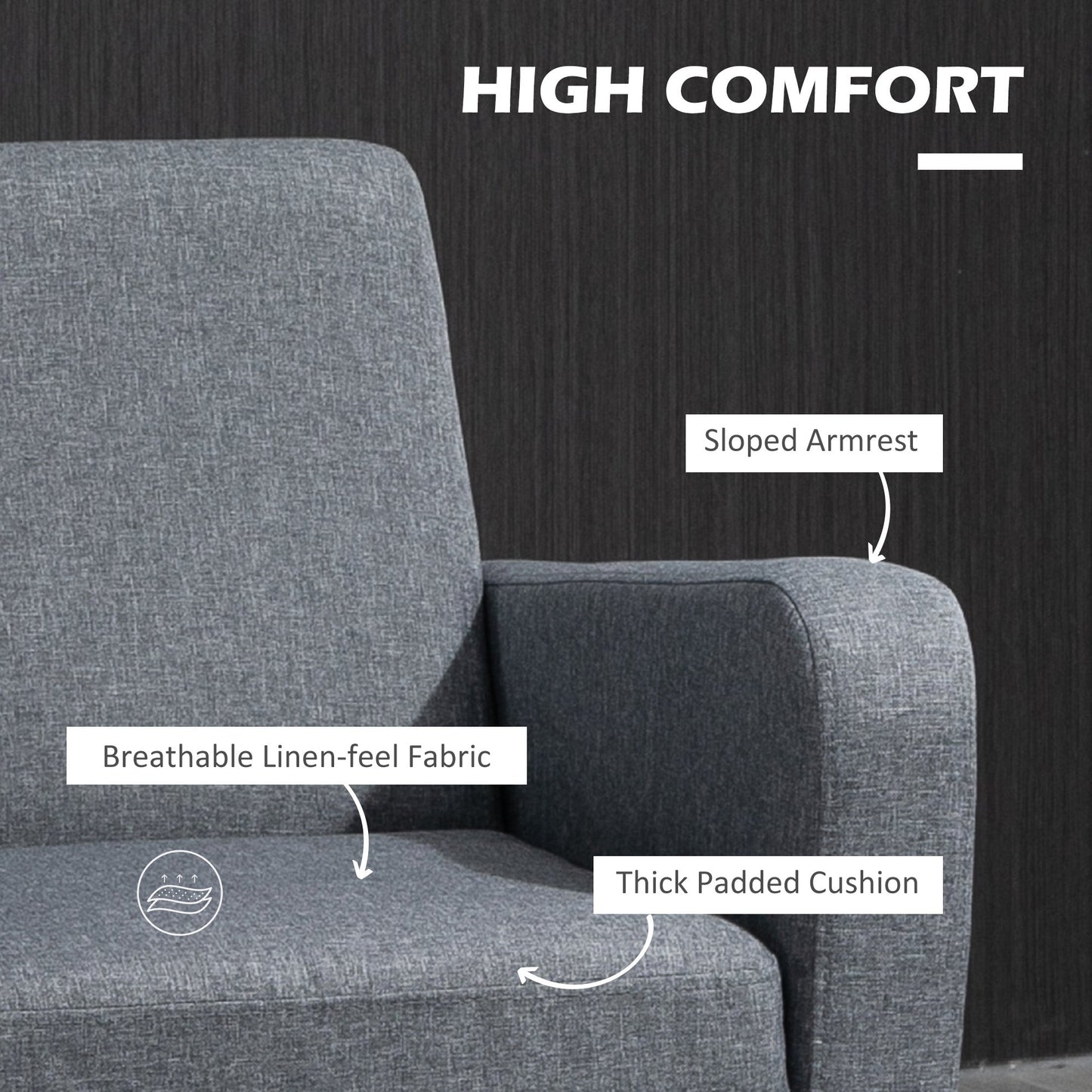 HOMCOM Modern Armchair with Rubber Wood Legs, Upholstered Accent Chair, Single Sofa for Living Room, Bedroom, Grey