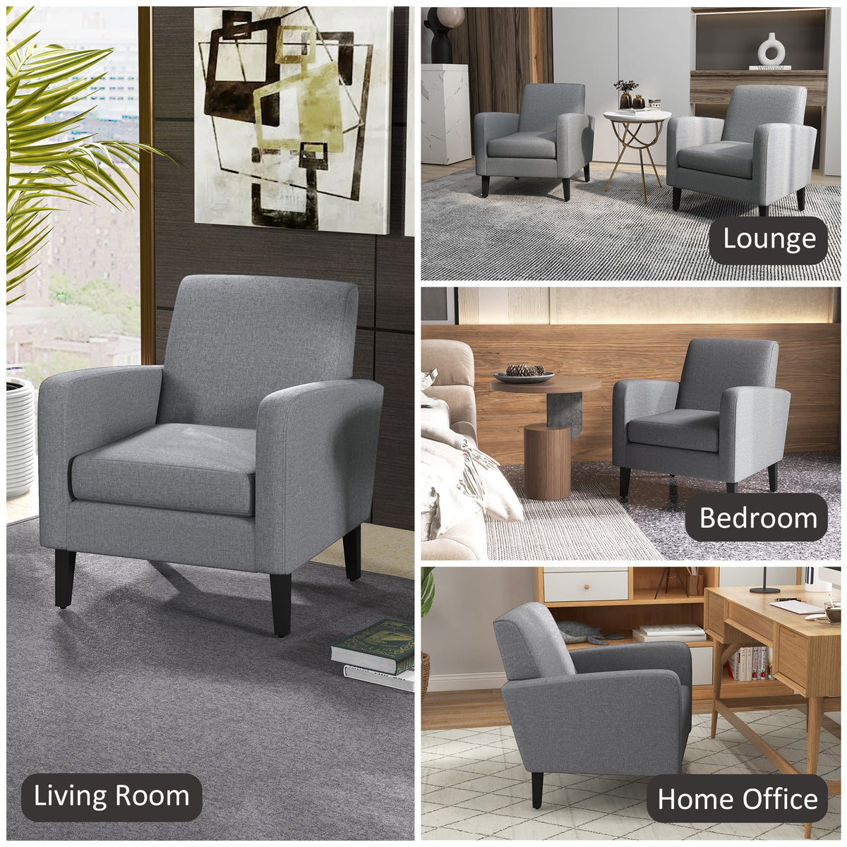 HOMCOM Modern Armchair with Rubber Wood Legs, Upholstered Accent Chair, Single Sofa for Living Room, Bedroom, Grey