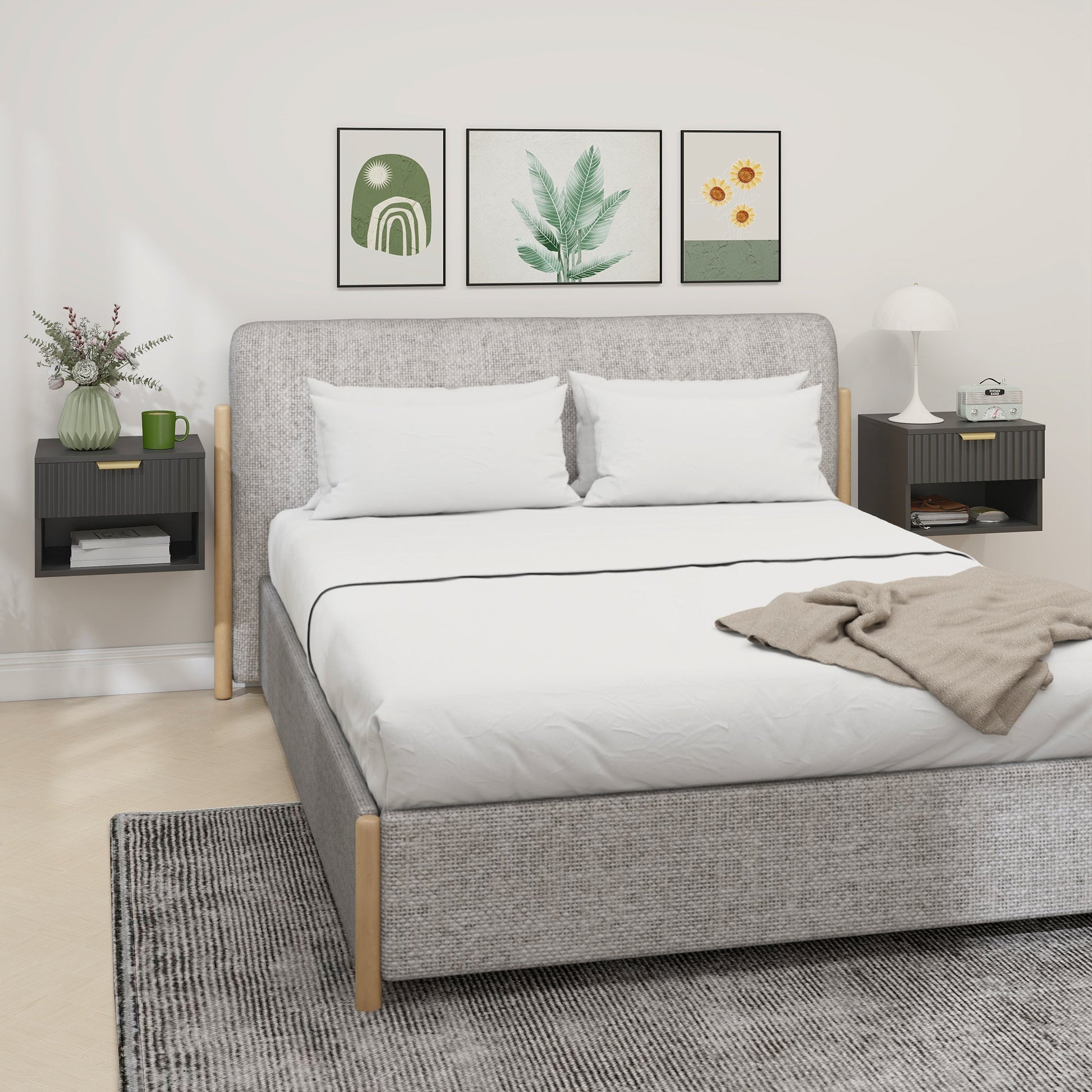 Floating Nightstands Set of 2, Modern Wall Mounted Bedside Tables with Fluted Drawer and Open Shelf for Bedroom, Black