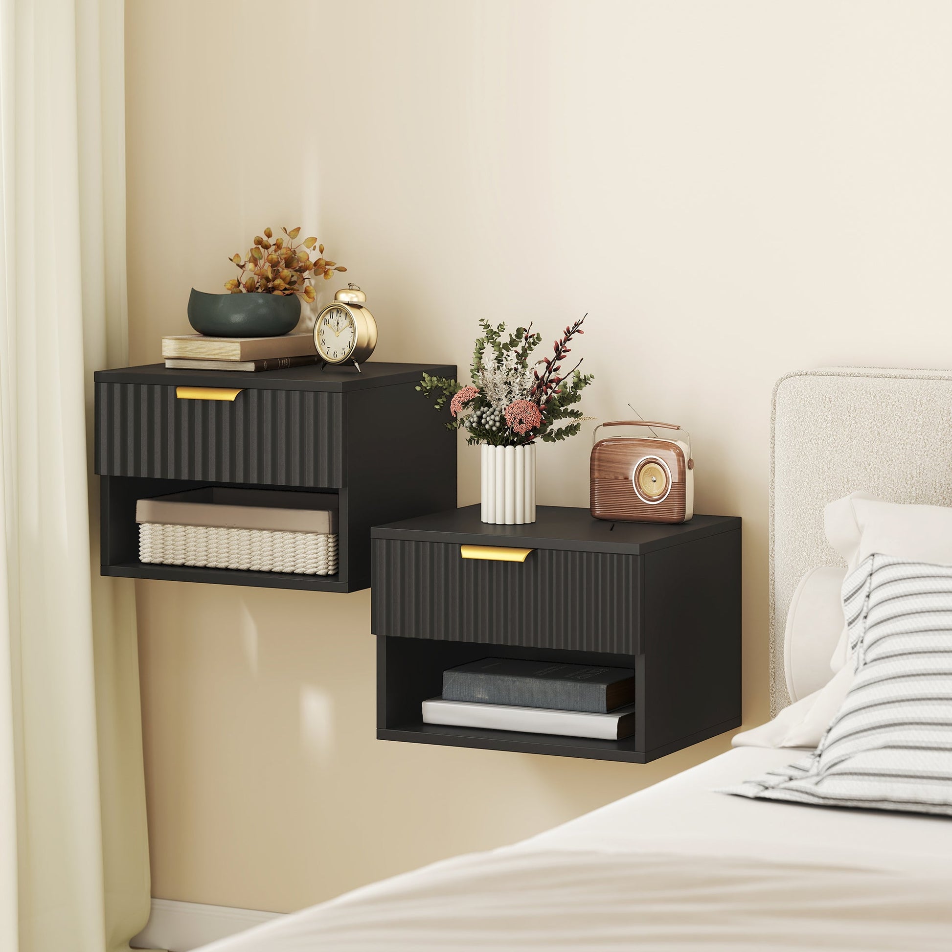 Floating Nightstands Set of 2, Modern Wall Mounted Bedside Tables with Fluted Drawer and Open Shelf for Bedroom, Black